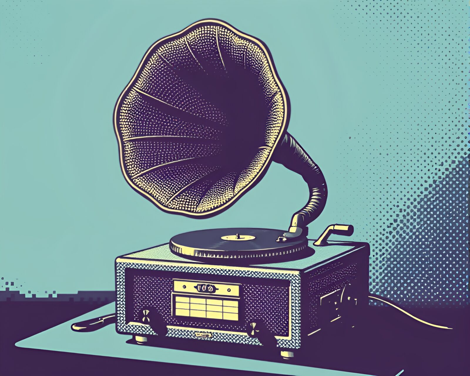 Halftone grid composition of a futuristic gramophone by the sea