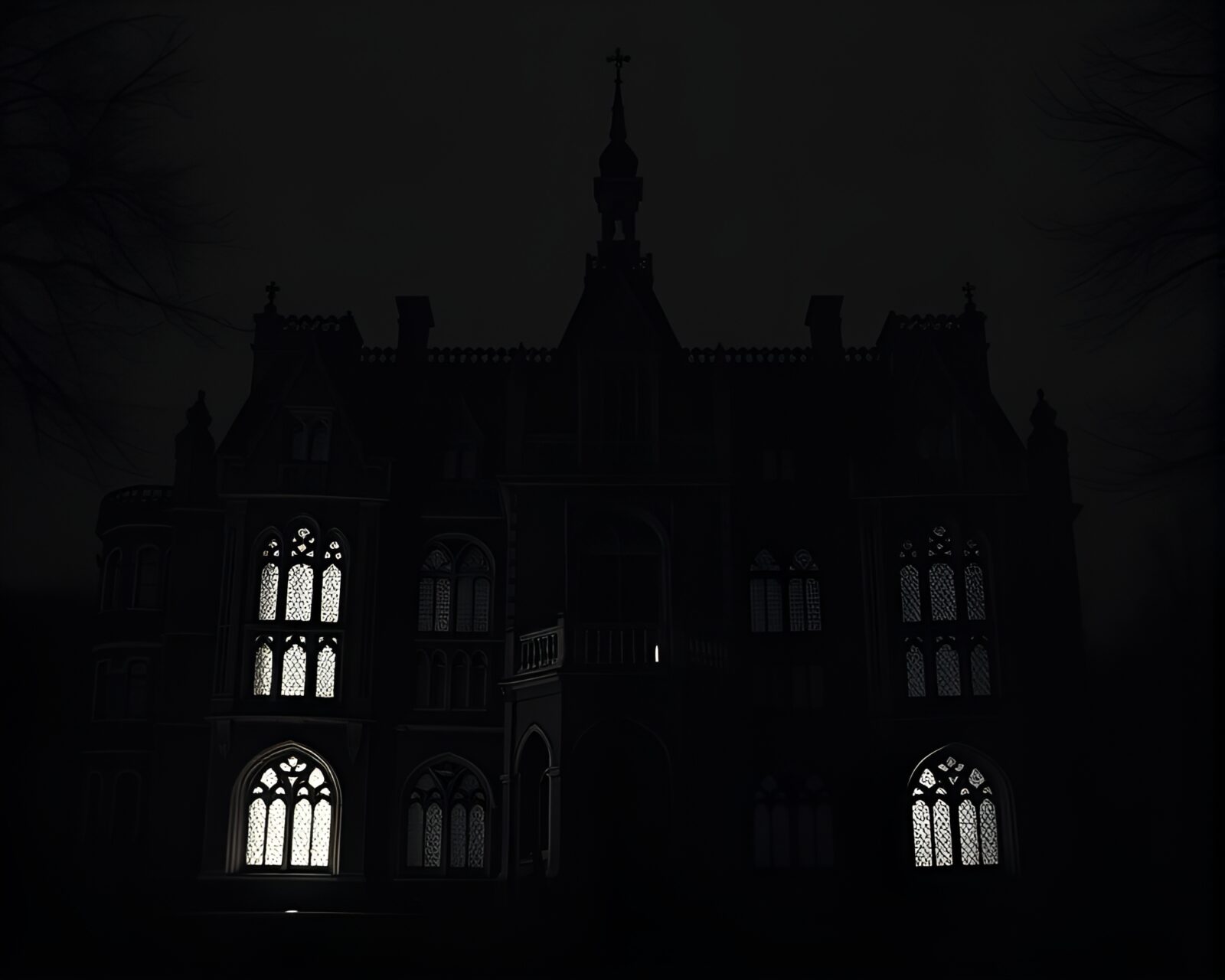 Minimalist composition of a grand gothic estate in dramatic lighting