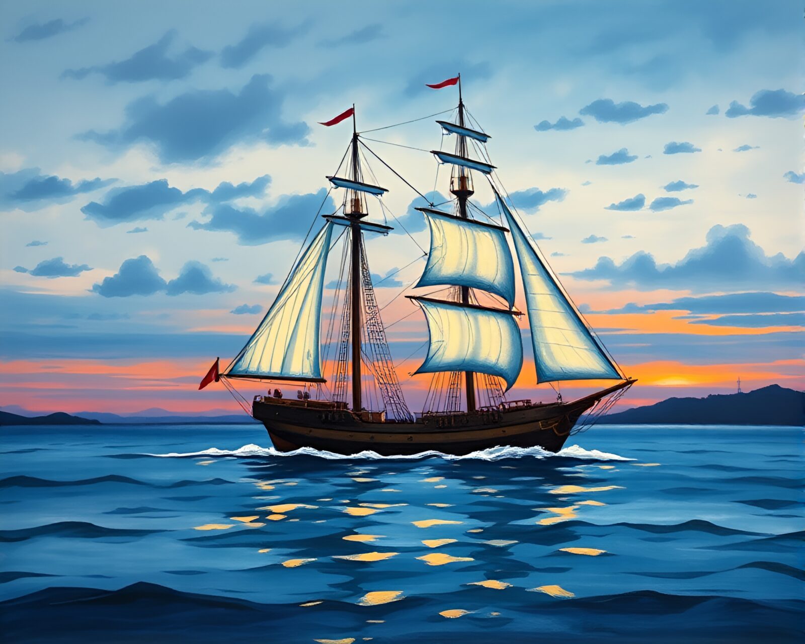 Classic ship mural in twilight blue hour light