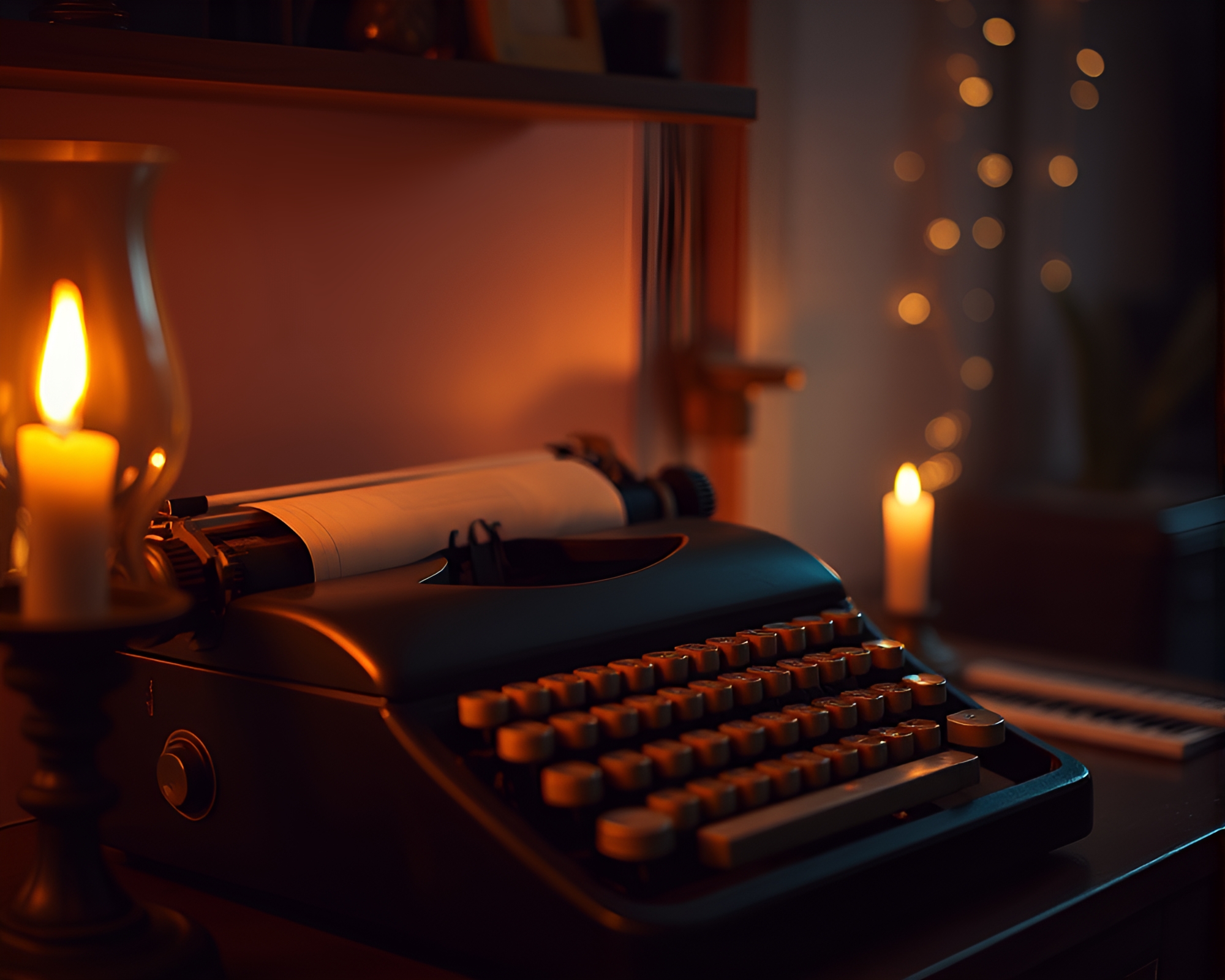 Vintage typewriter with torn paper under candlelight – free AI stock image