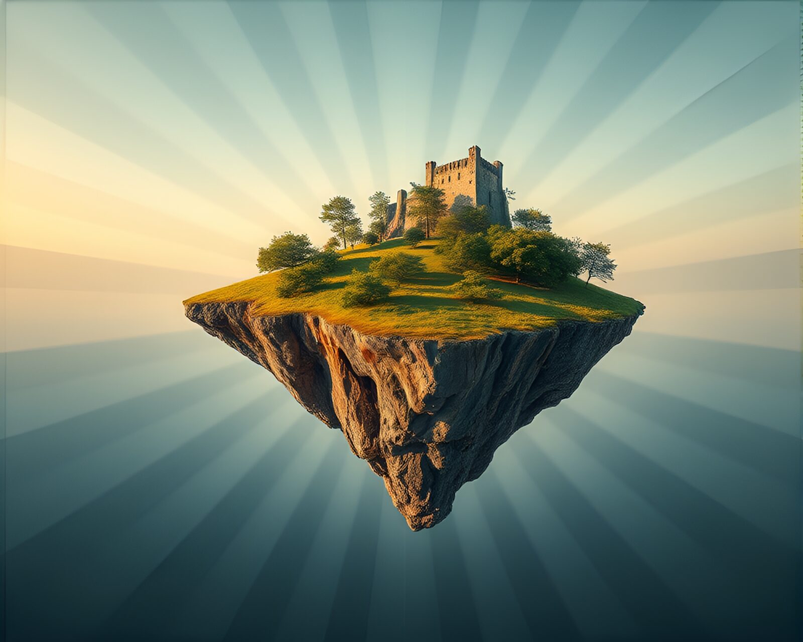 Vibrant floating landmass adorned with intricate geometric designs