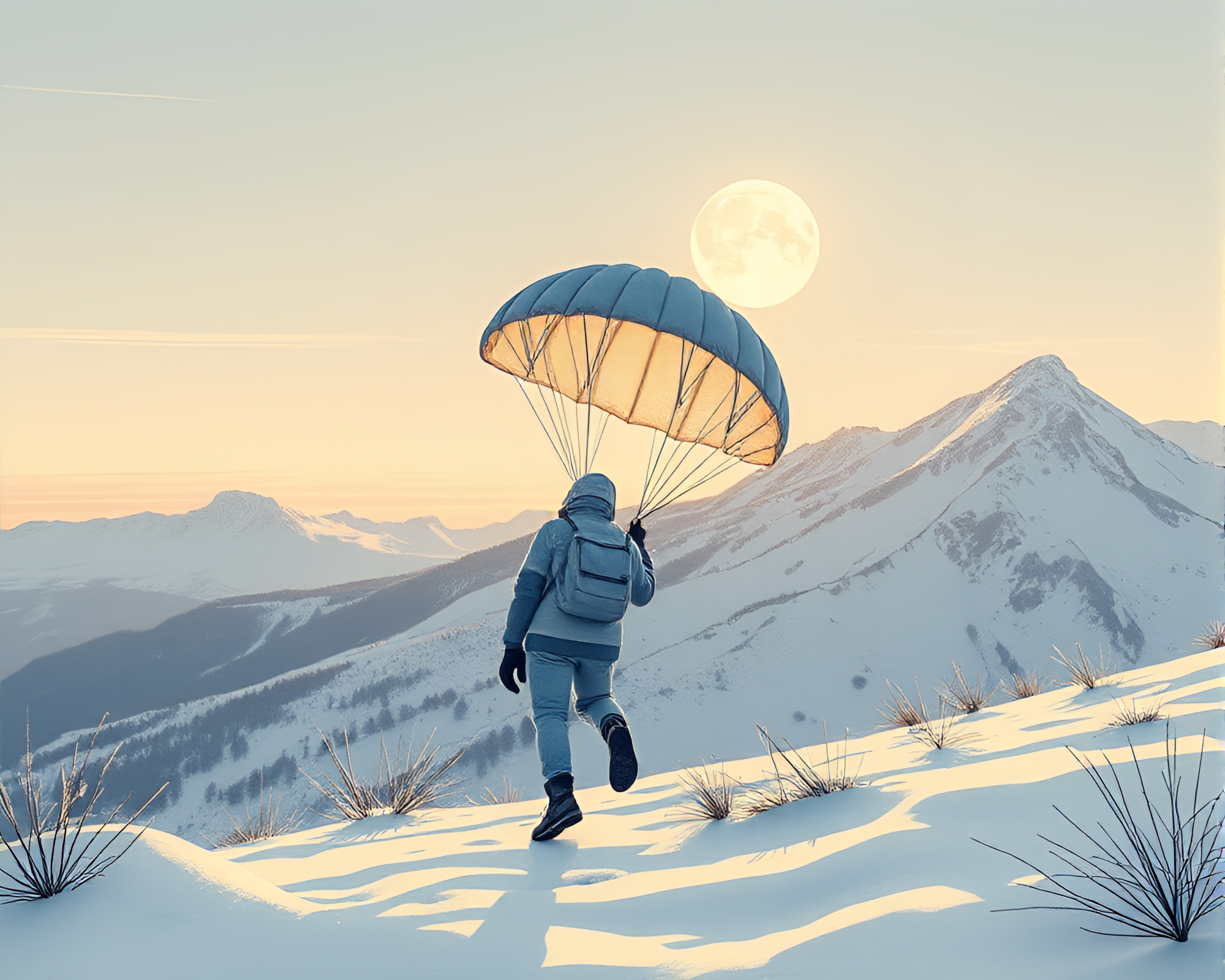 Surreal Parachute Jumper in Off-White Wonderland – free AI stock image