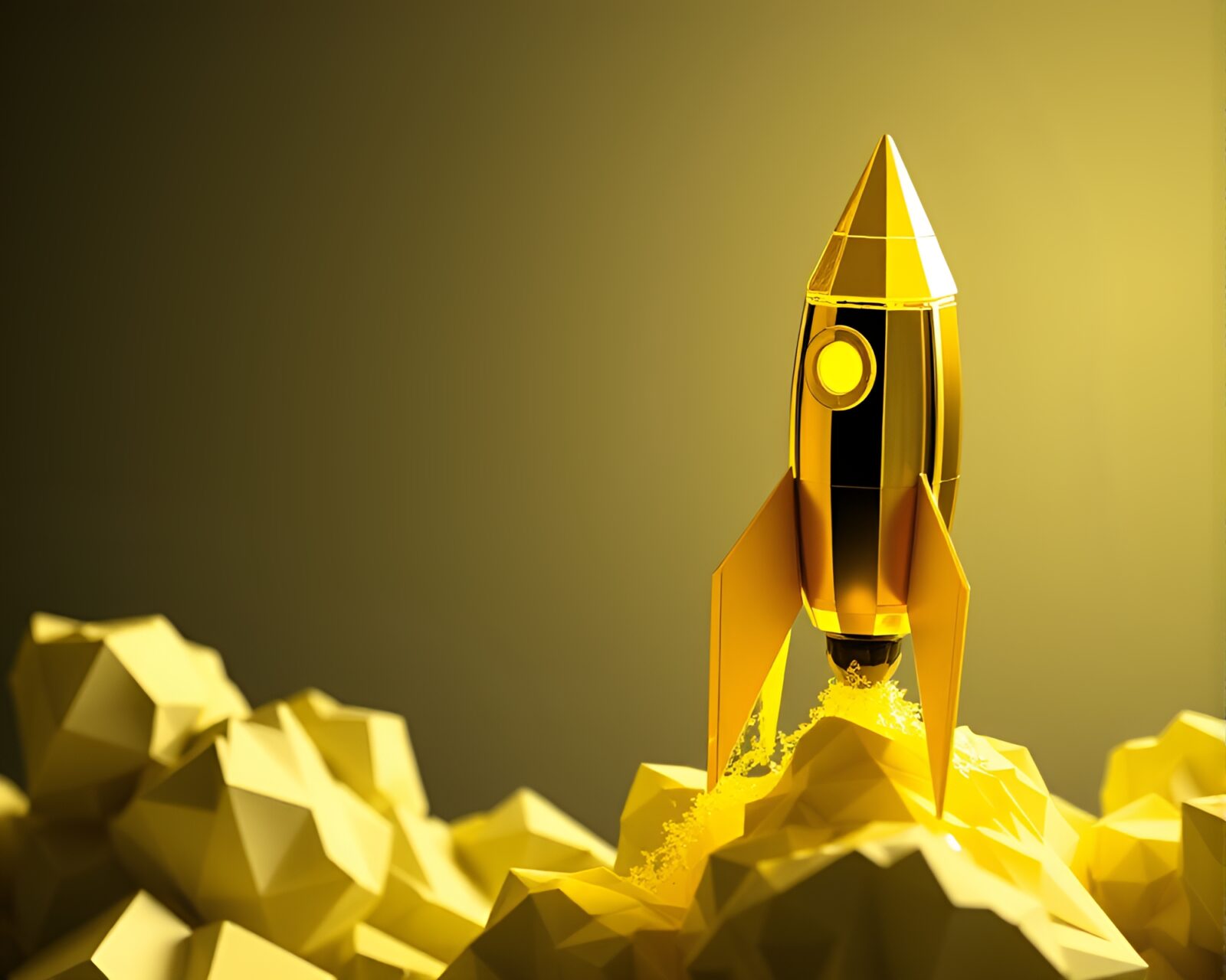 A futuristic rocket being refracted through a prism in yellow voxel art