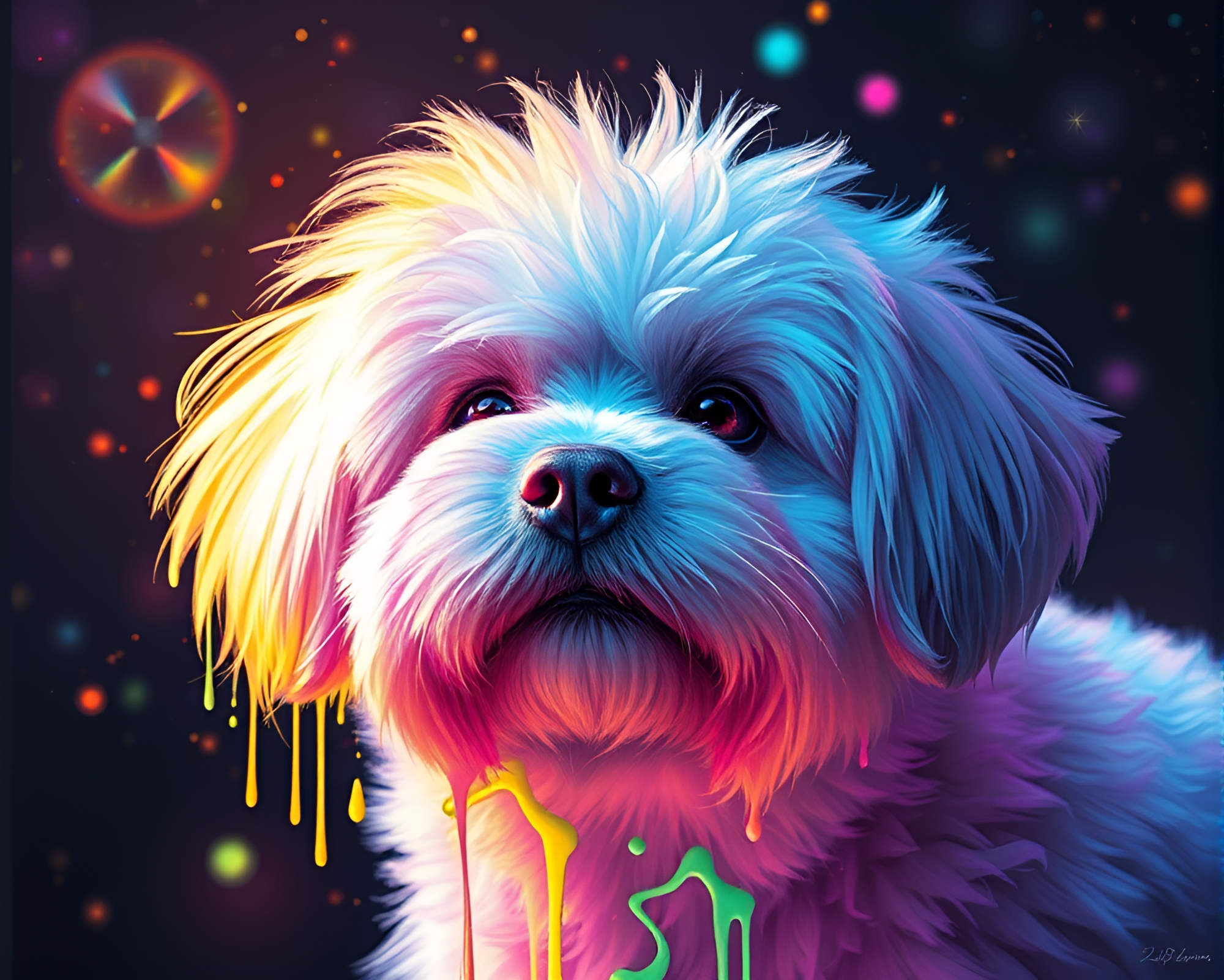 Cosmic Holographic Pet in Trompe-l’oeil Spray Paint Drips – free AI stock image