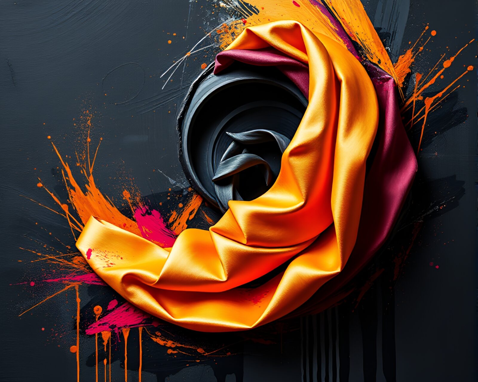High-contrast image of a spiral composition with satin ribbon motif in spray paint graffiti style.