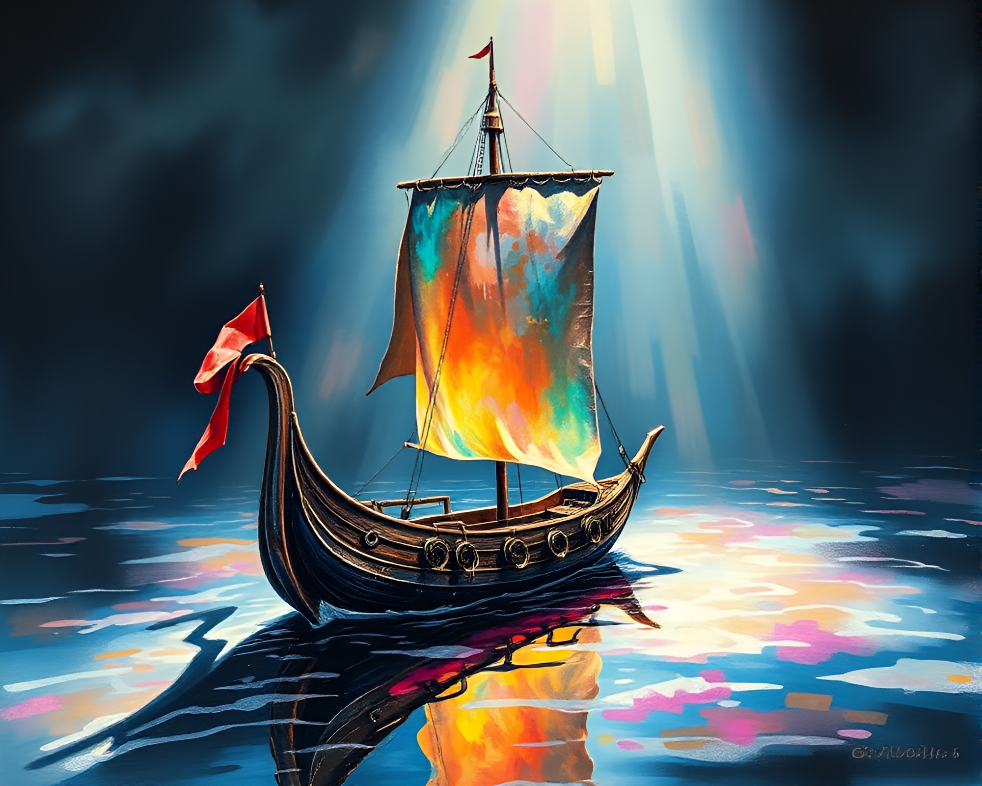 Viking longship sailing through iridescent soap film waters – free AI stock image