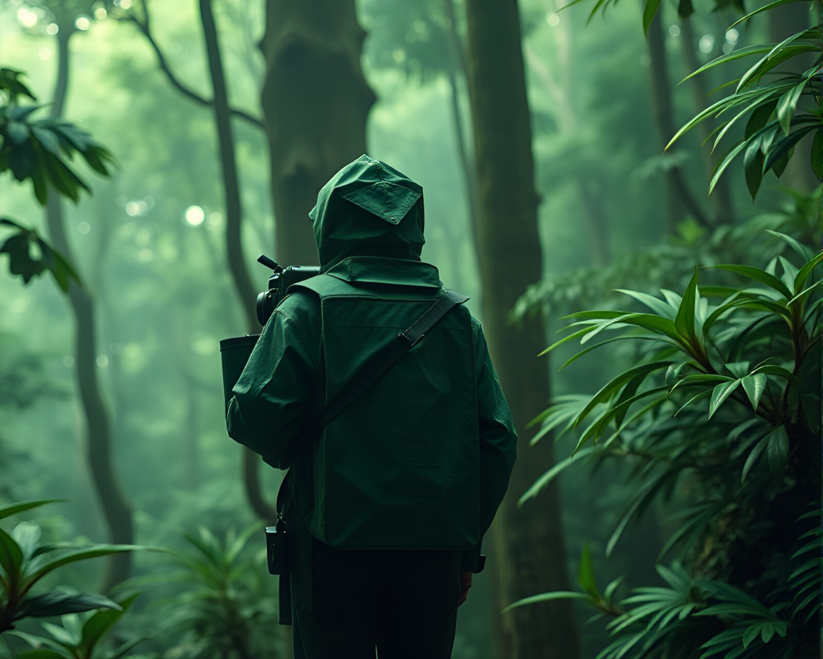 Medium shot of time traveler in green haze forest