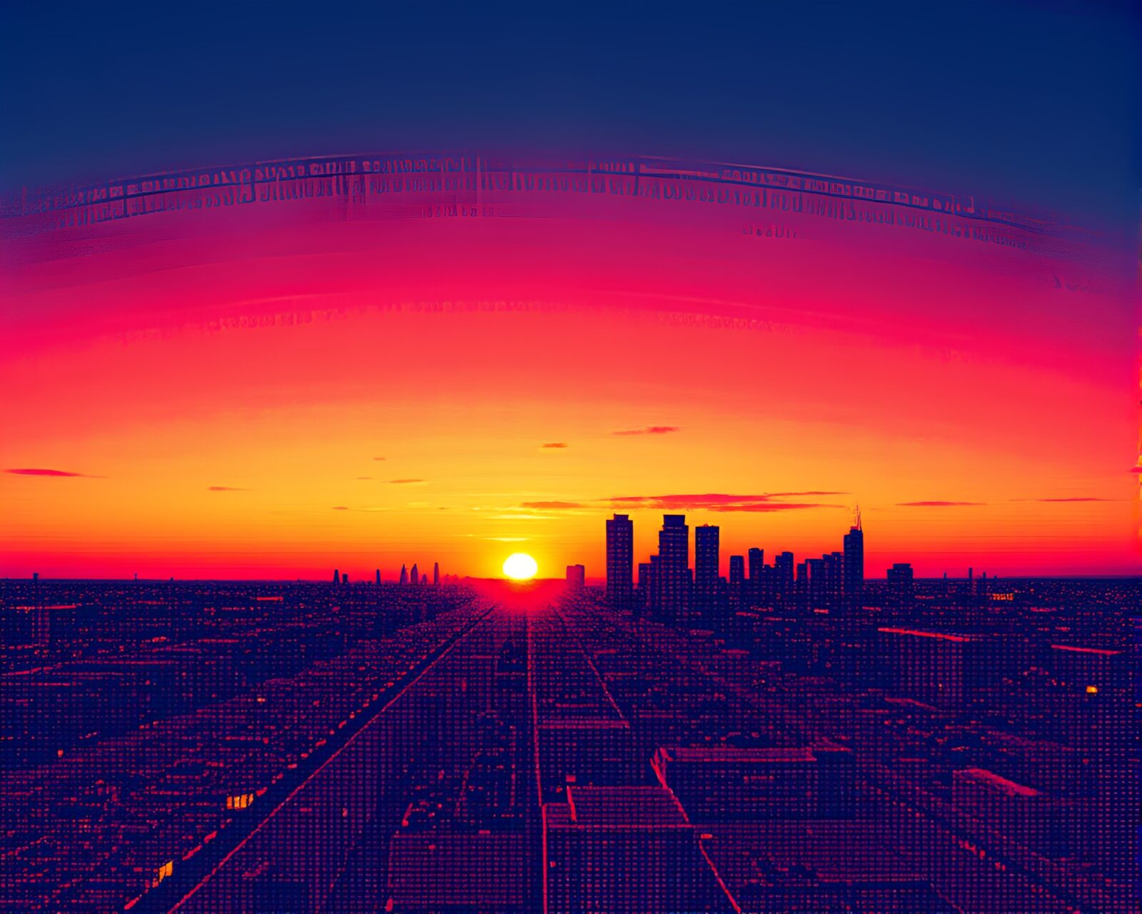 Vivid digital sunset over microscopic skyline with halftone grid.