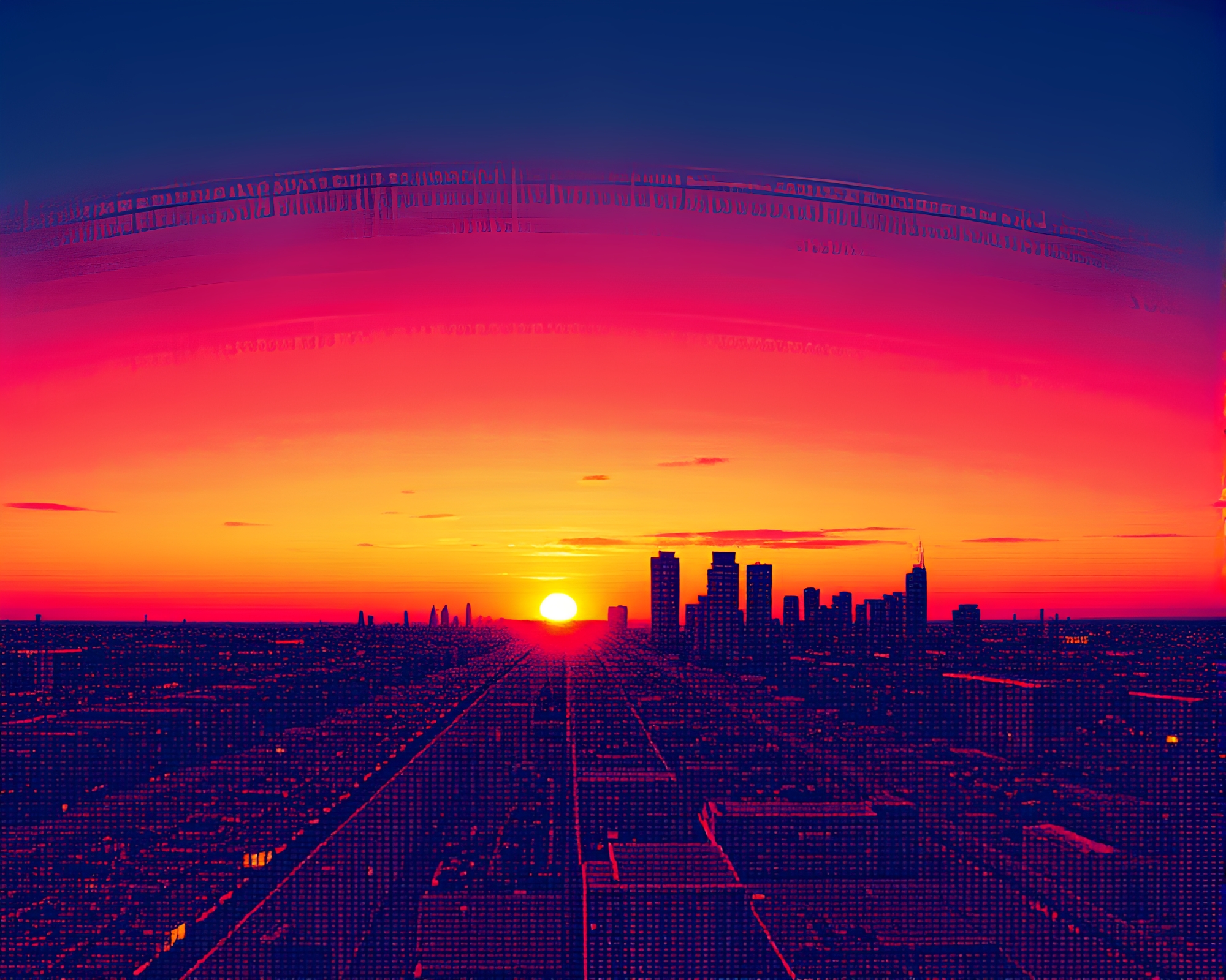 Halftone Sunset Microscape: Digital Glitch Skyline – free AI stock image