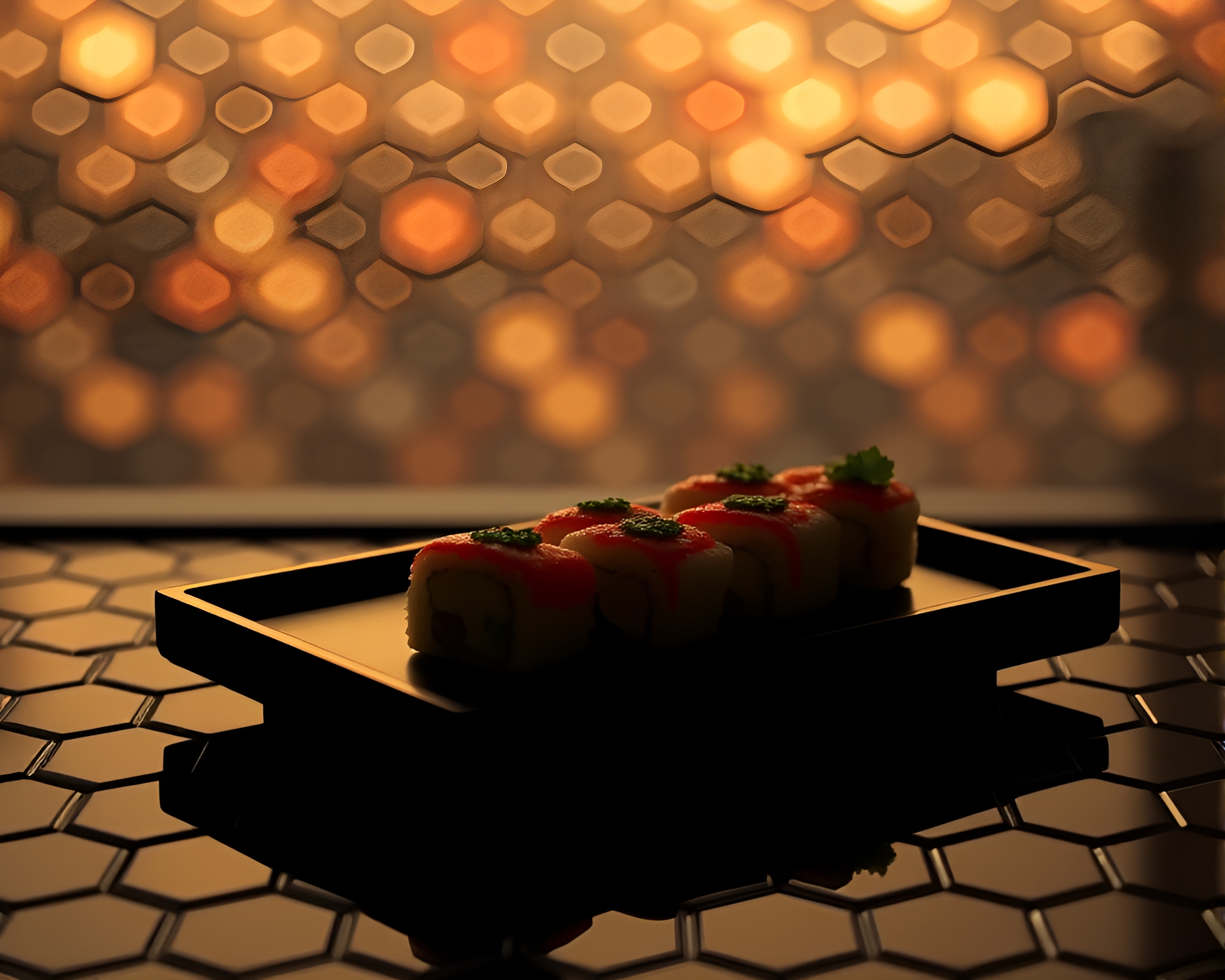 Six-sided Sushi Silhouette with Screen-printed Hexagonal Patterns – free AI stock image