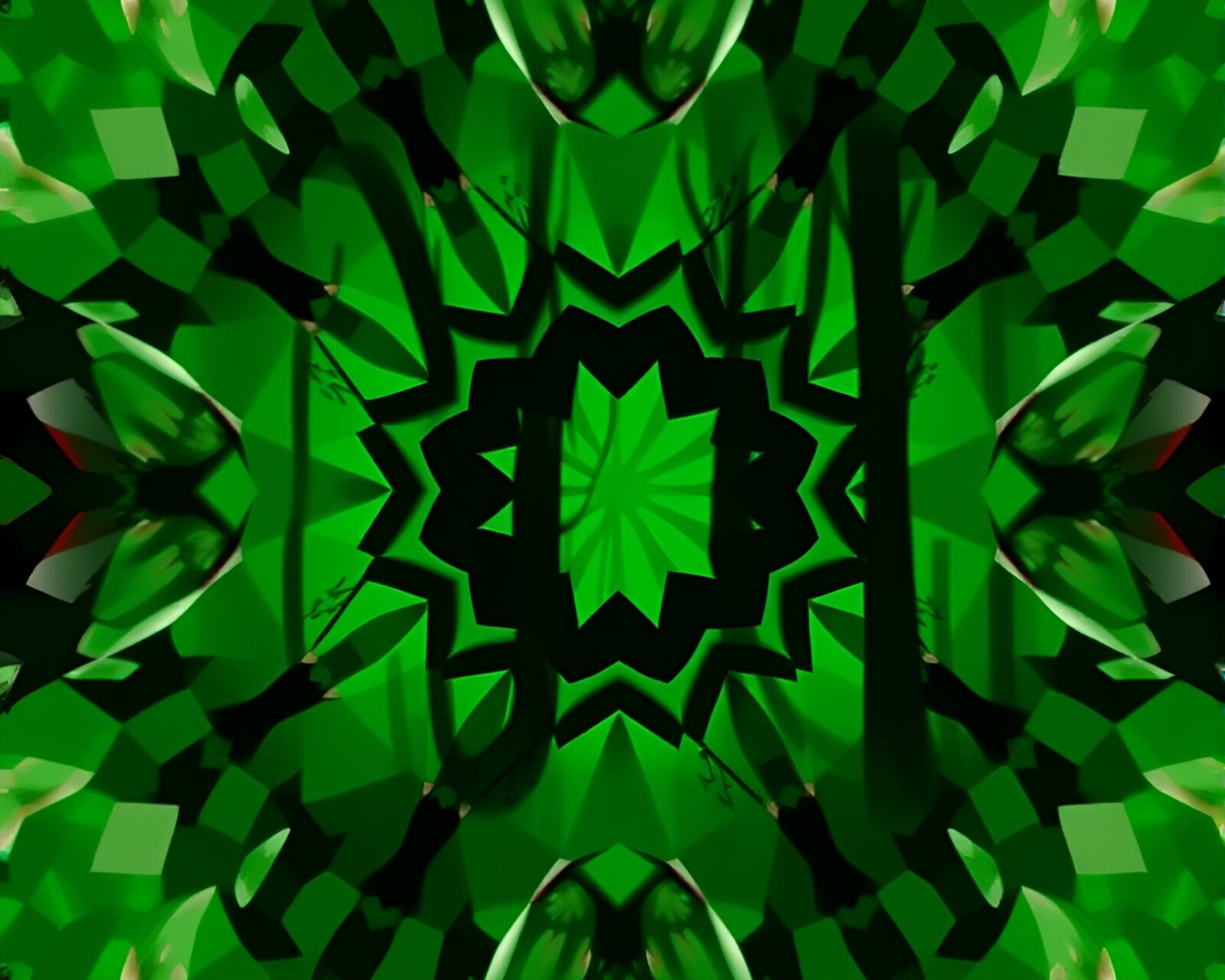 Cartoon-style forest scene with kaleidoscope patterns and shadow silhouettes