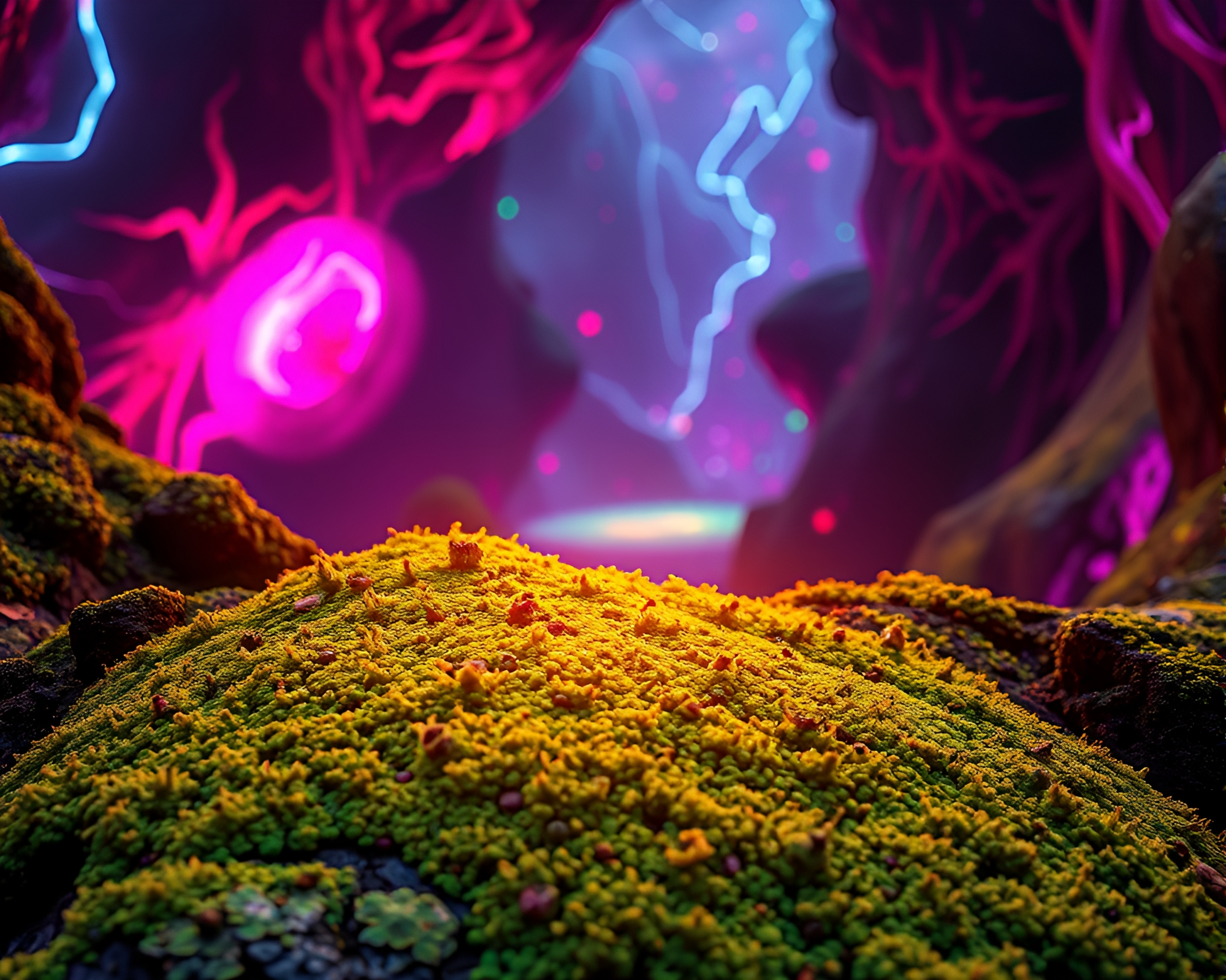 Neon Multiverse Portal with Lichen Textures – free AI stock image