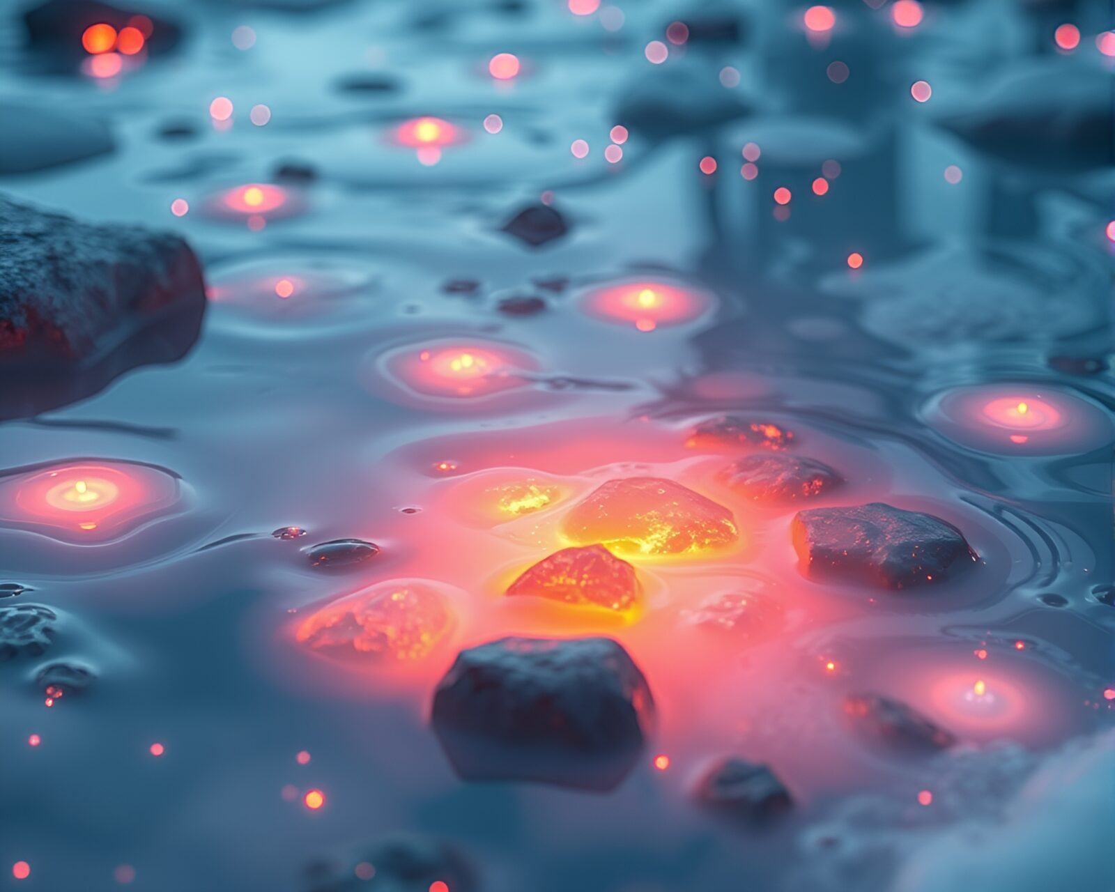 Realistic rendering of floating embers in a tranquil hot spring