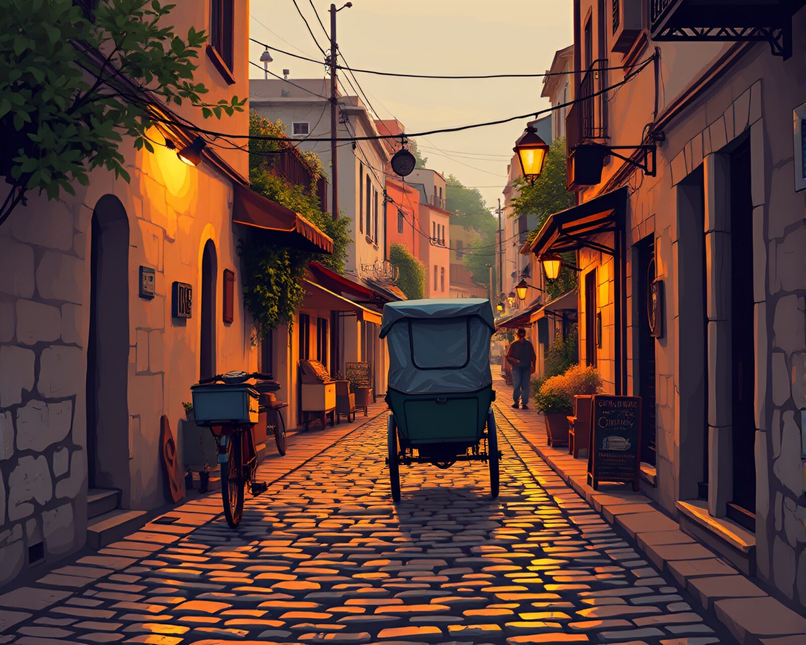 Cel-shaded image of a rickshaw on a cobblestone street