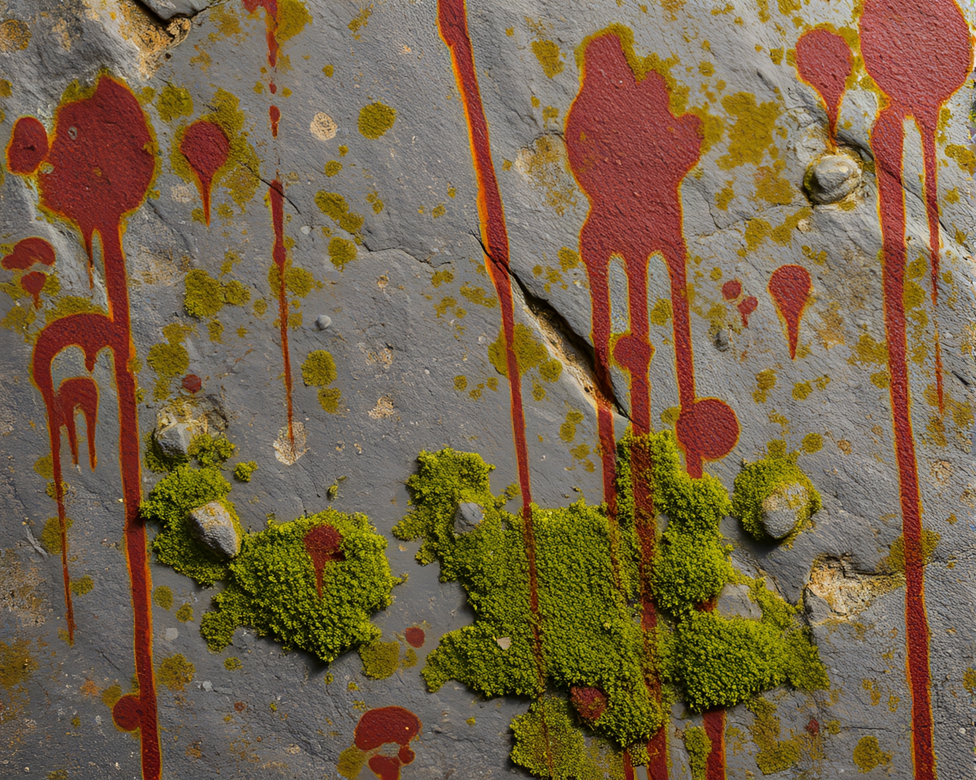 Retrowave Moss-Covered Rock with Rust Stain Splatters – free AI stock image