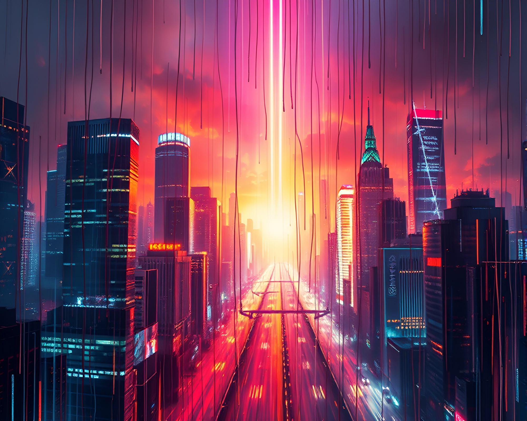 Virtual Cityscape Illuminated by Torchlight Glow and Op Art – free AI stock image