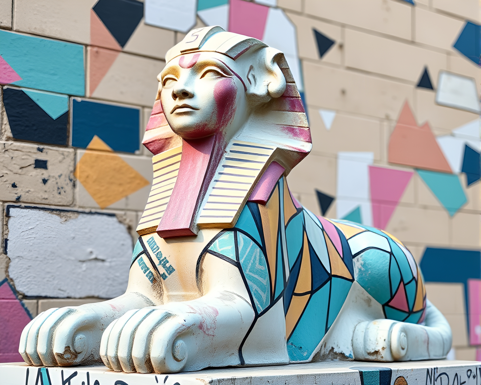 Sphinx Statue in Surreal Pastel Graffiti Geometric Scene – free AI stock image