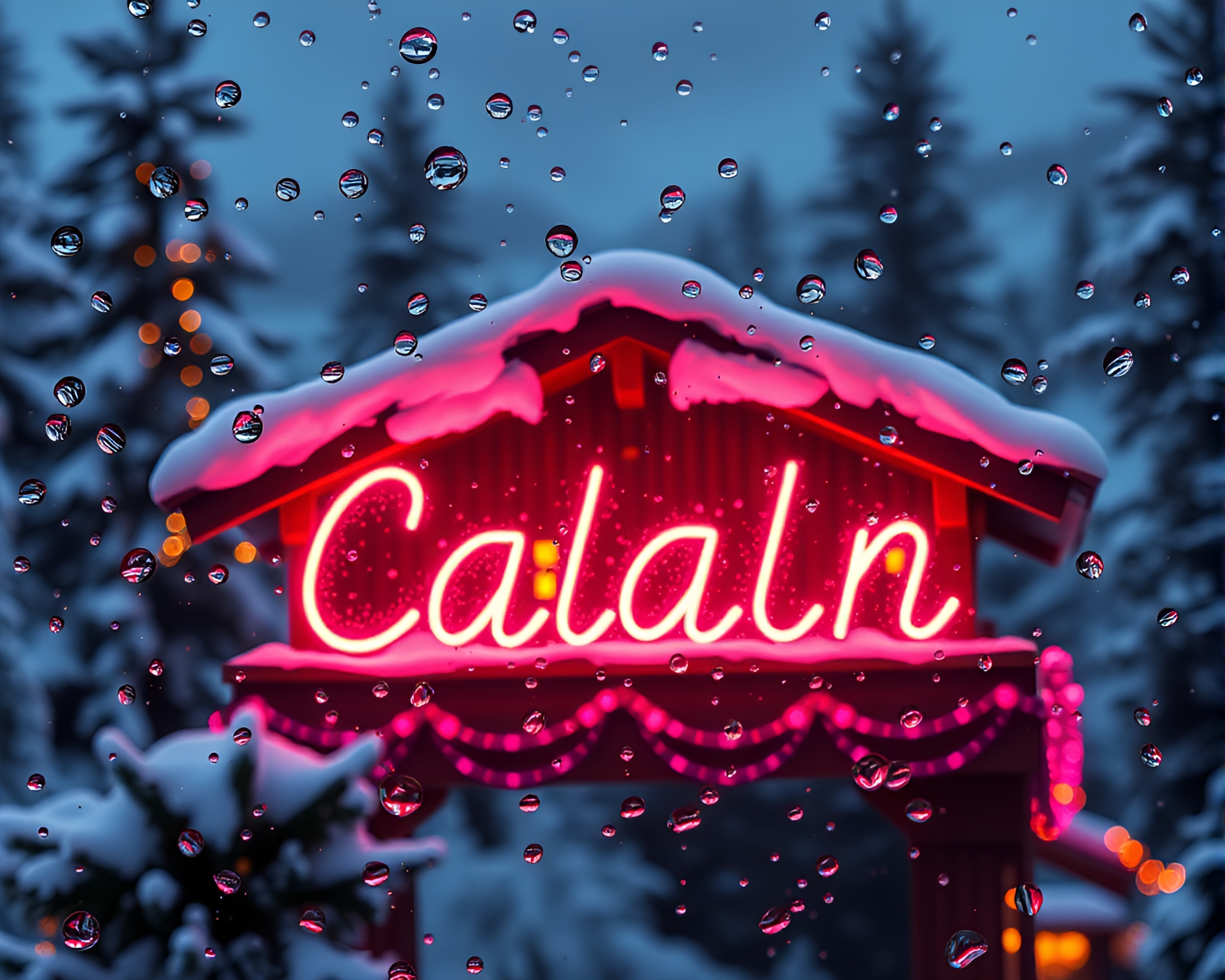 Alpine Chalet Water Droplets Neon Sign – free AI stock image