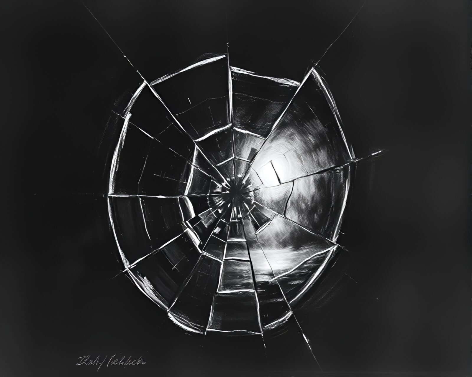 Softly lit charcoal drawing of sunrise reflecting on shattered glass