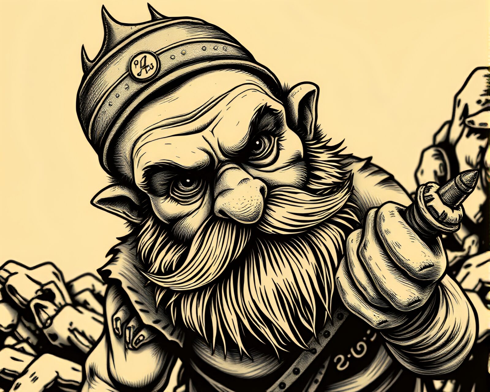 High-angle shot of a dwarf in sepia tones with tattoo flash art details