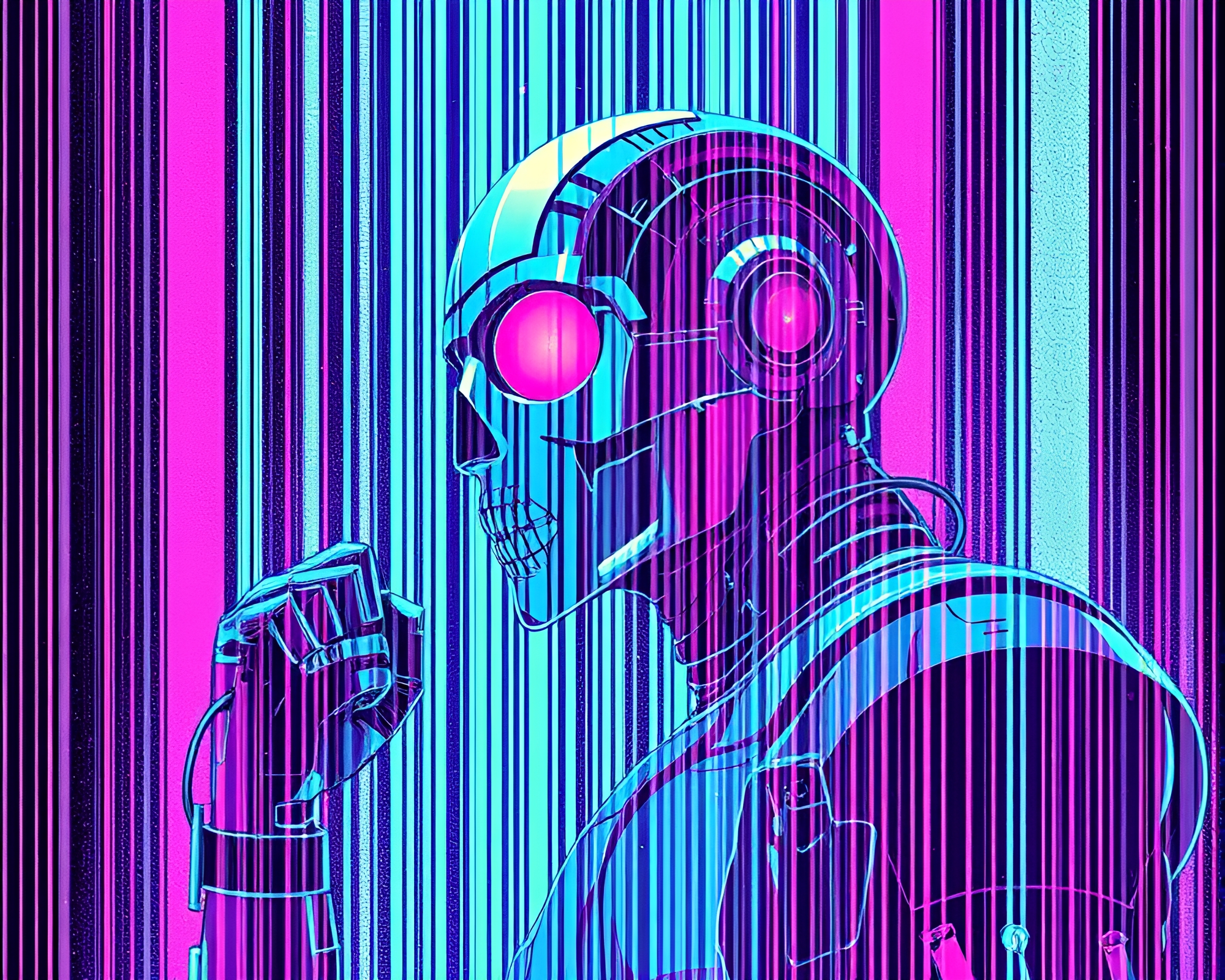 Cyborg Warrior in Hyper-Saturated Fantasy Barcode World – free AI stock image