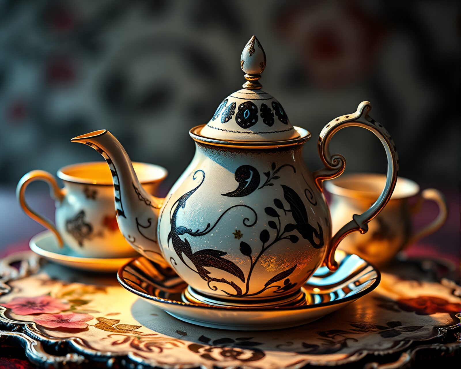 Surreal low-light photograph of intricate stippling illustration of Alice in Wonderland tea set