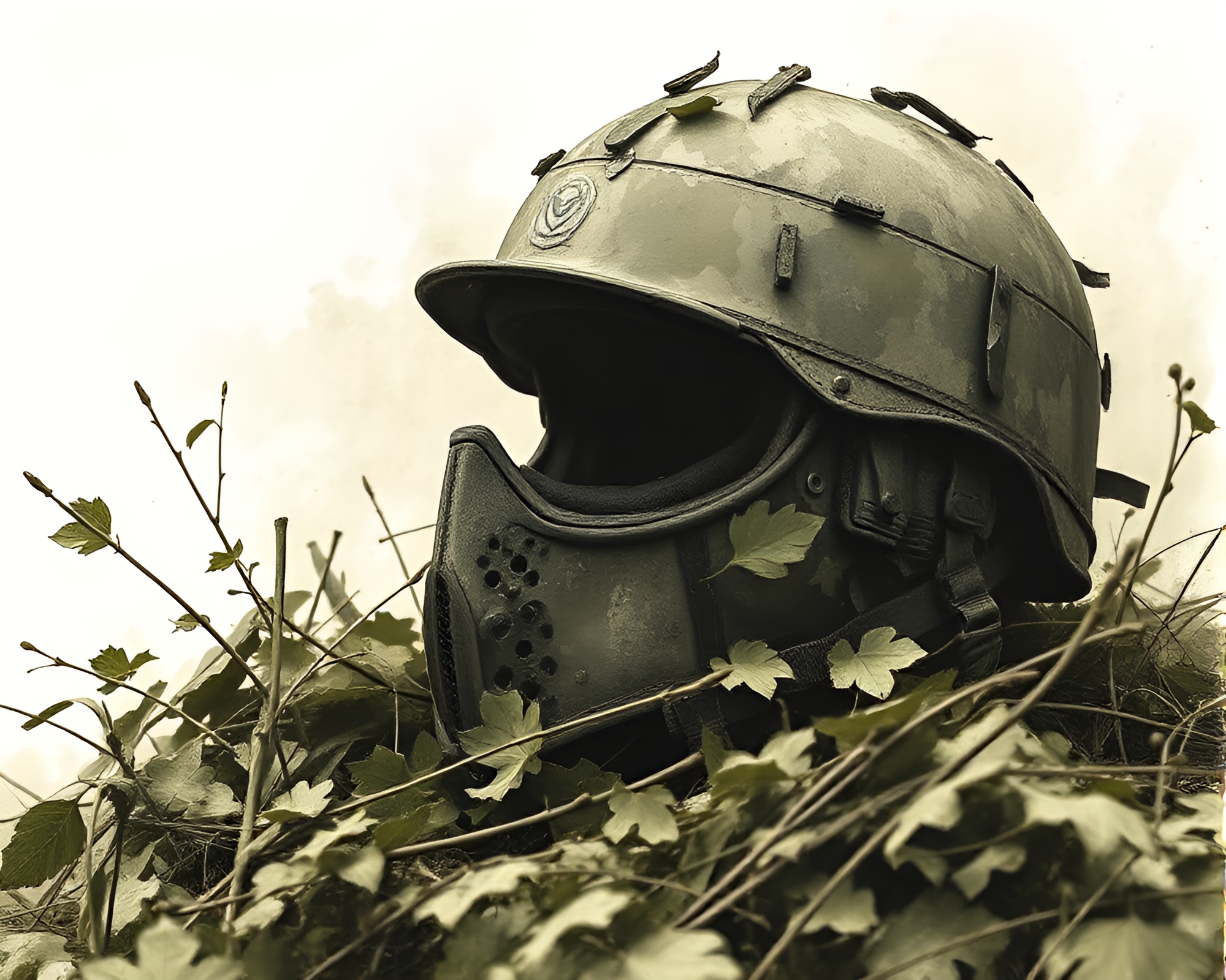 Helmet amidst vibrant leaf litter in ink wash design – free AI stock image