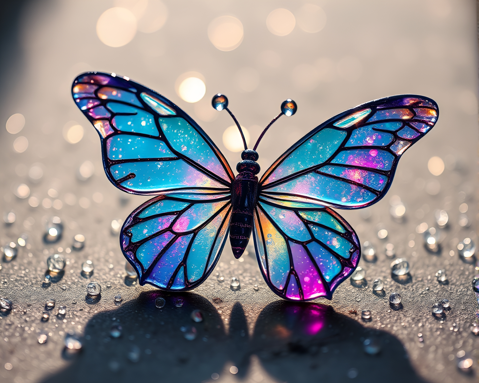 Glistening Silk Butterfly in Silhouette Through Wet Glass Beads – free AI stock image