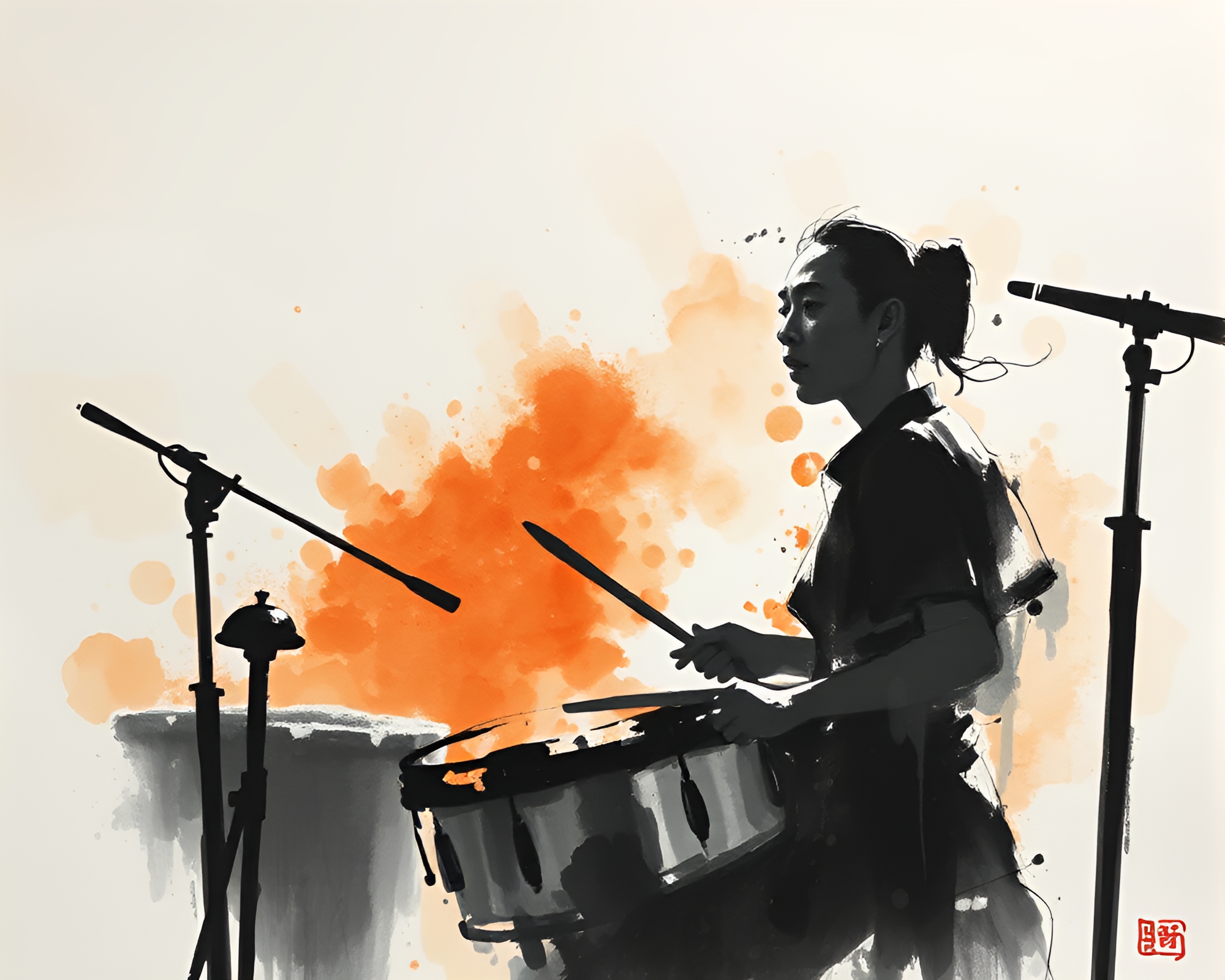 Enchanting Drum Serenity Amidst Complementary Brushwork – free AI stock image