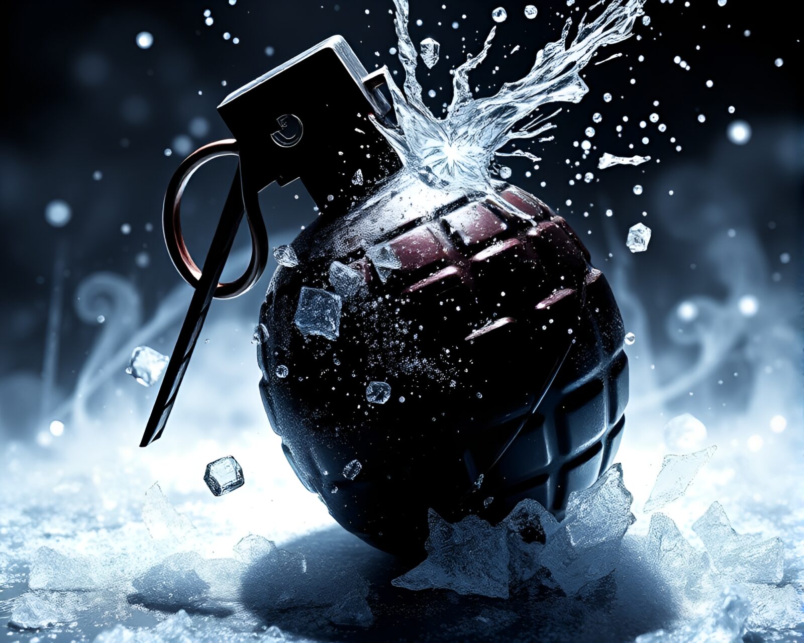 Stunning stencil art depiction of glowing ice crystals and exploding grenade