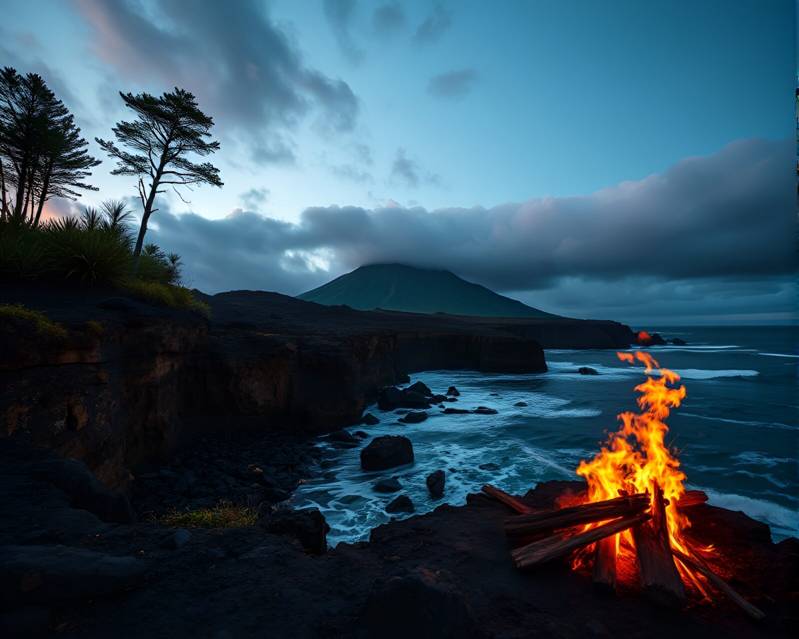 Wide-angle photo of a volcanic island with intricate embroidery details and a warm bonfire glow
