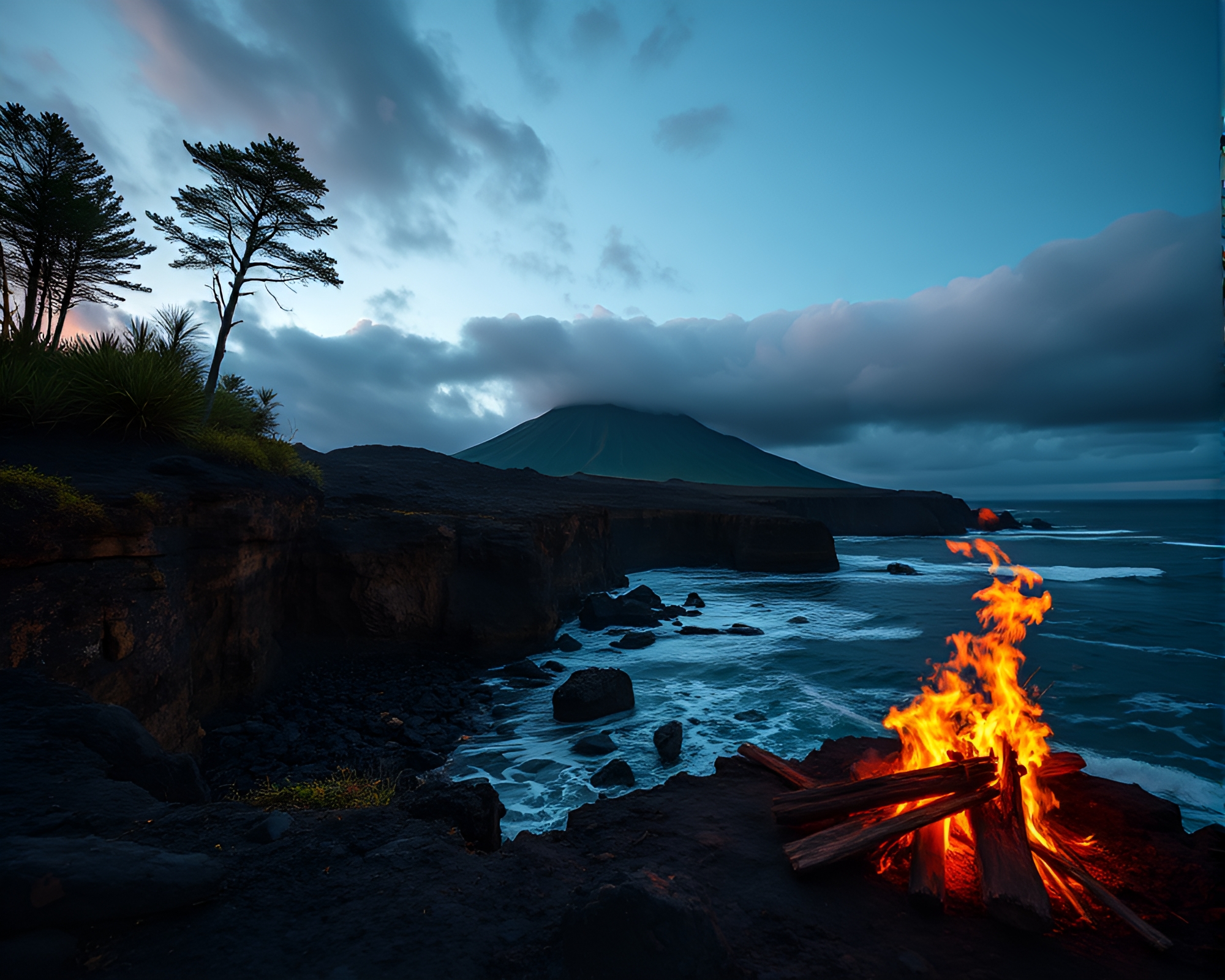 Volcanic Island’s Embroidered Bonfire Warmth – free AI stock image