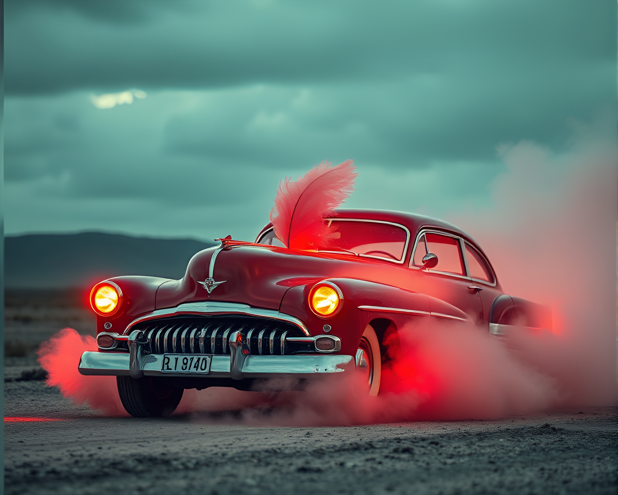 Vintage Car Feather Dusting in Volcano-Red Glow – free AI stock image