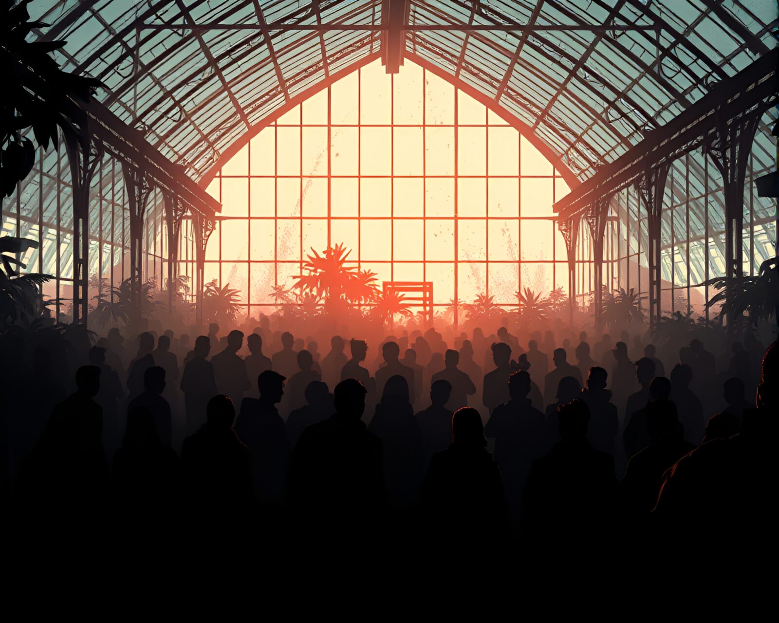 Cyberpunk style illustration of crowd in glass greenhouse