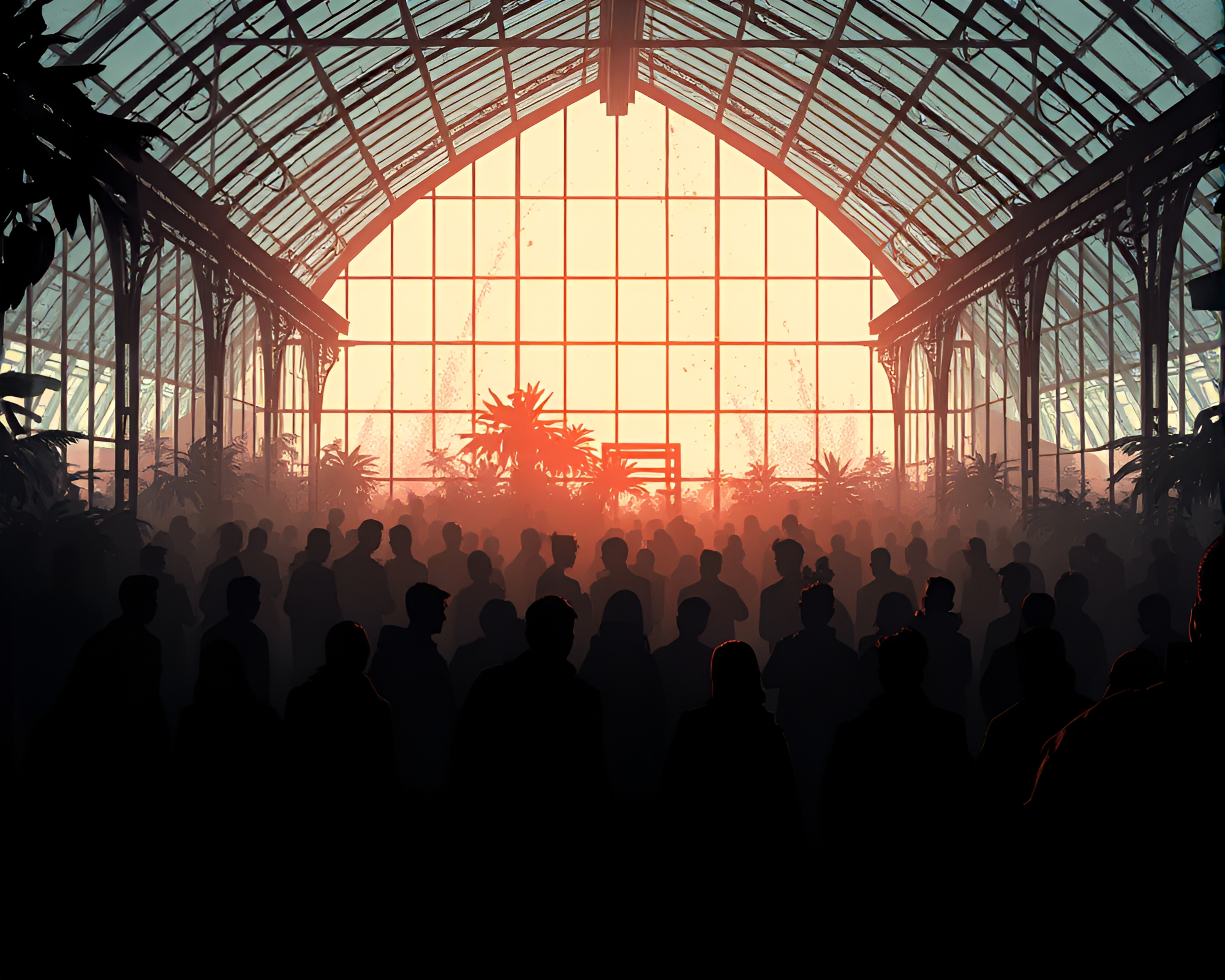 Futuristic Greenhouse Cityscape with Backlit Silhouettes – free AI stock image