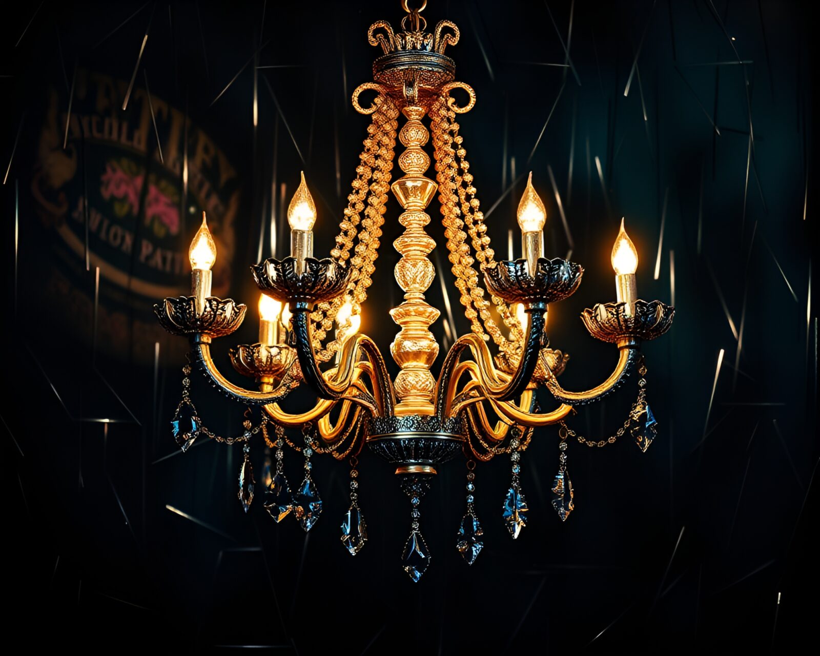 Majestic chandelier in jewel tones and metallic scratches