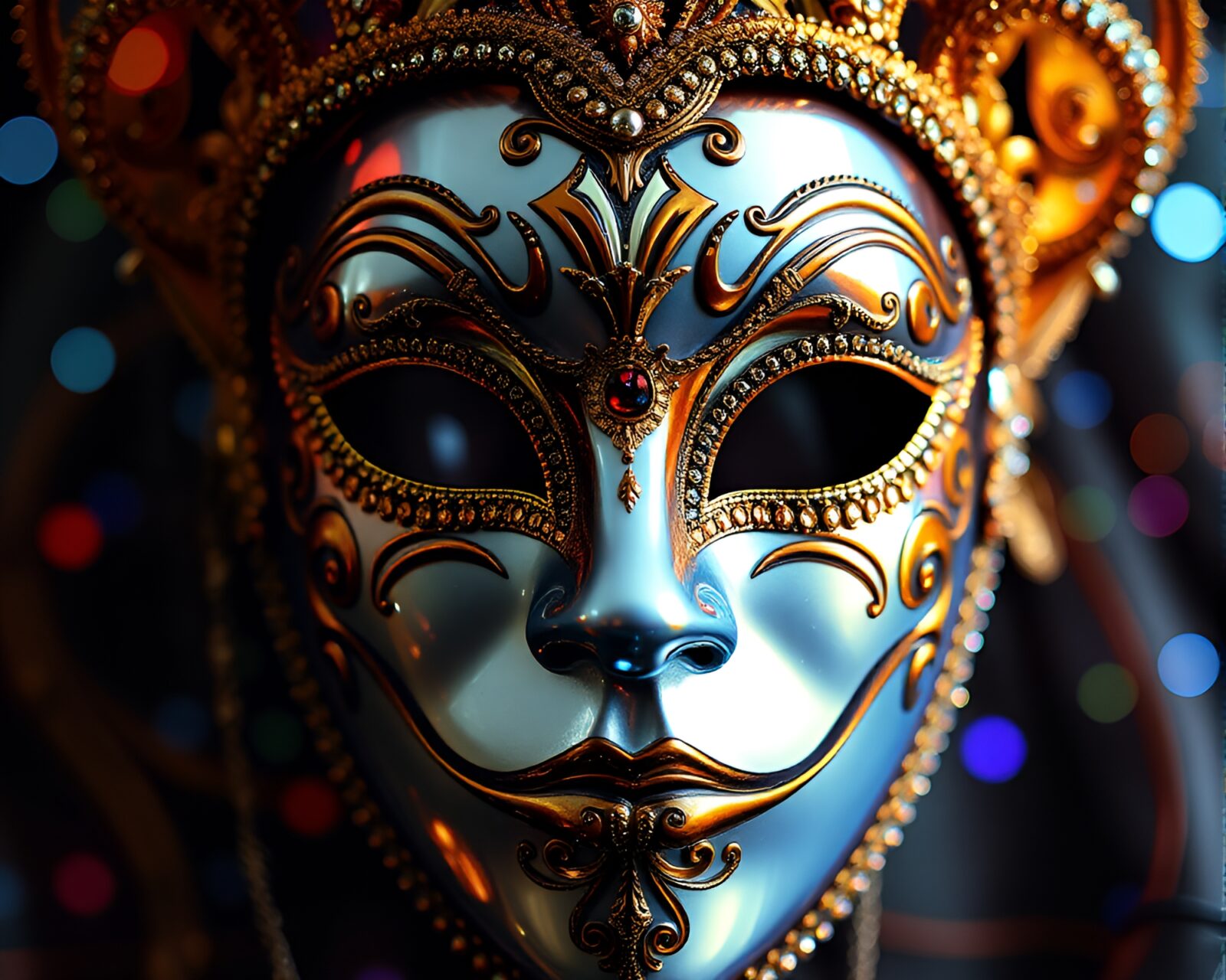 Colorful pixel art Venetian mask with holographic specks