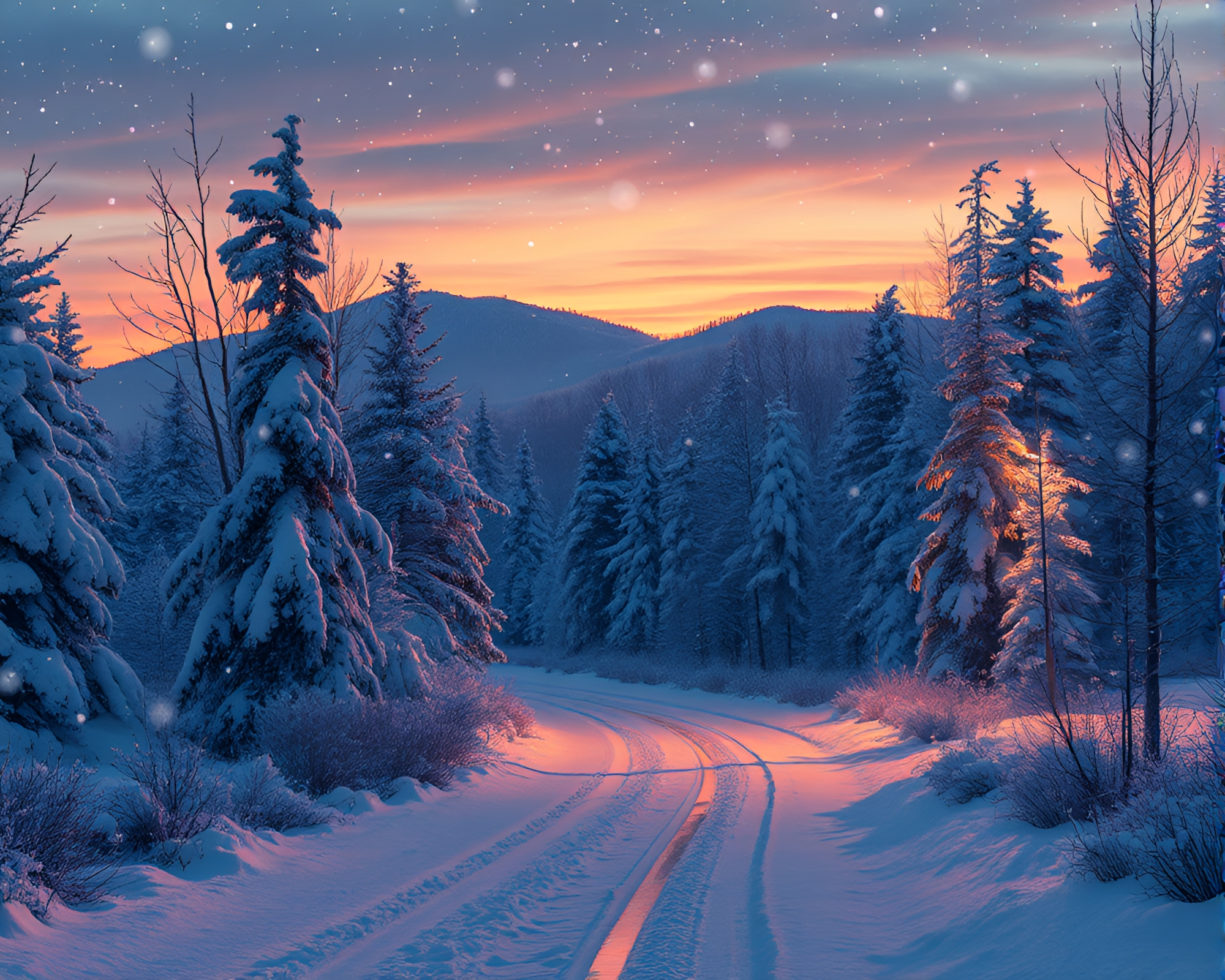 Snow-covered cityscape at dusk with scan lines – free AI stock image