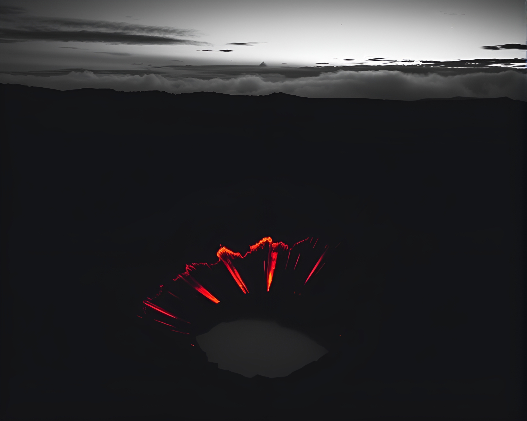 Neon Volcano Reflections in Duotone Fantasy Landscape – free AI stock image