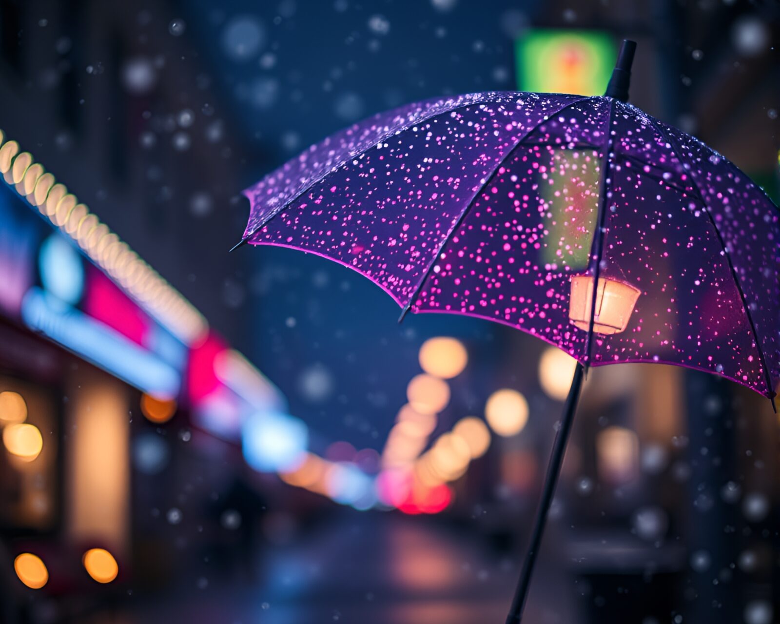 Snow-covered umbrella glowing under neon lights in spotlight effect