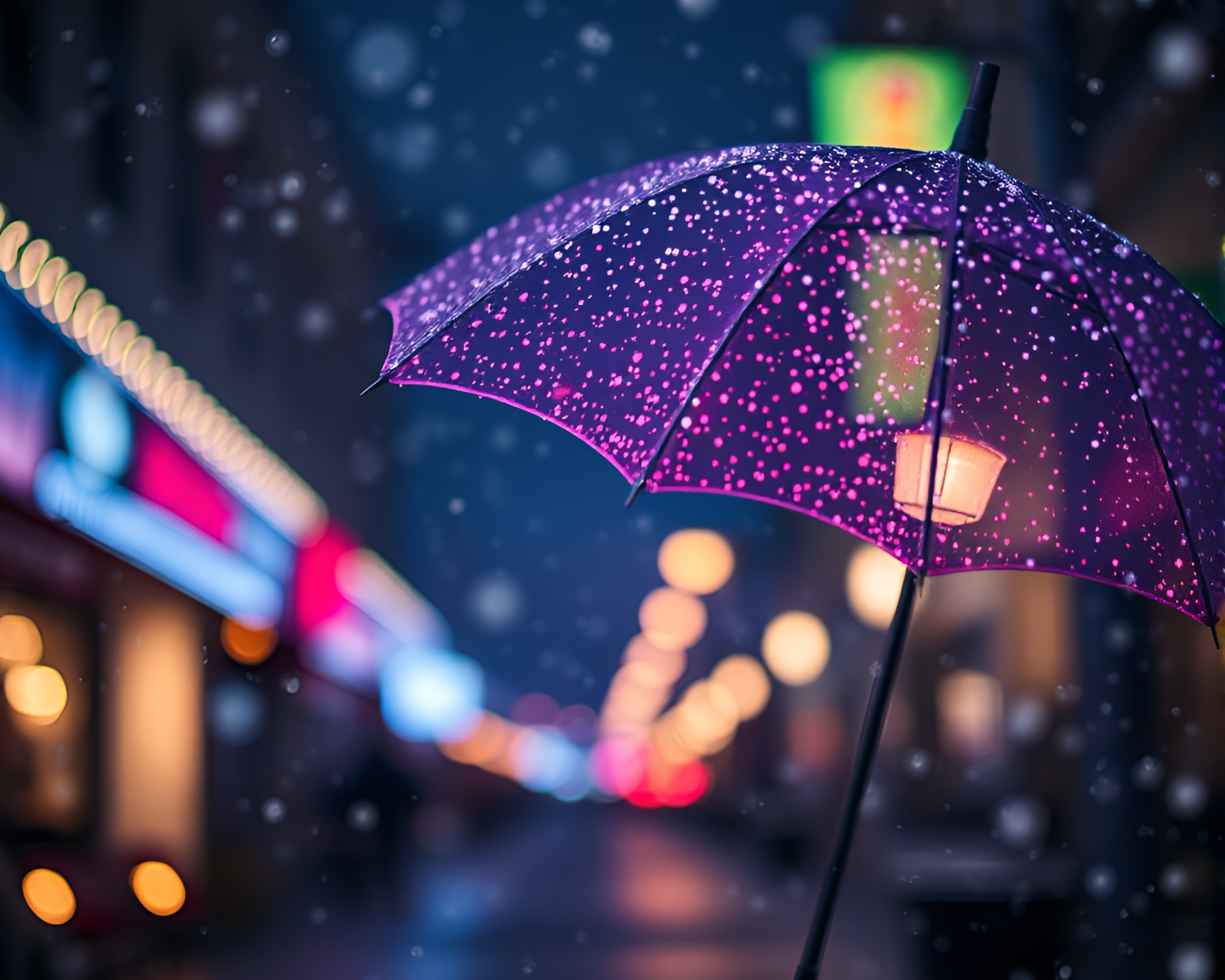 Neon Umbrella Illuminated in Snowy Spotlight – free AI stock image