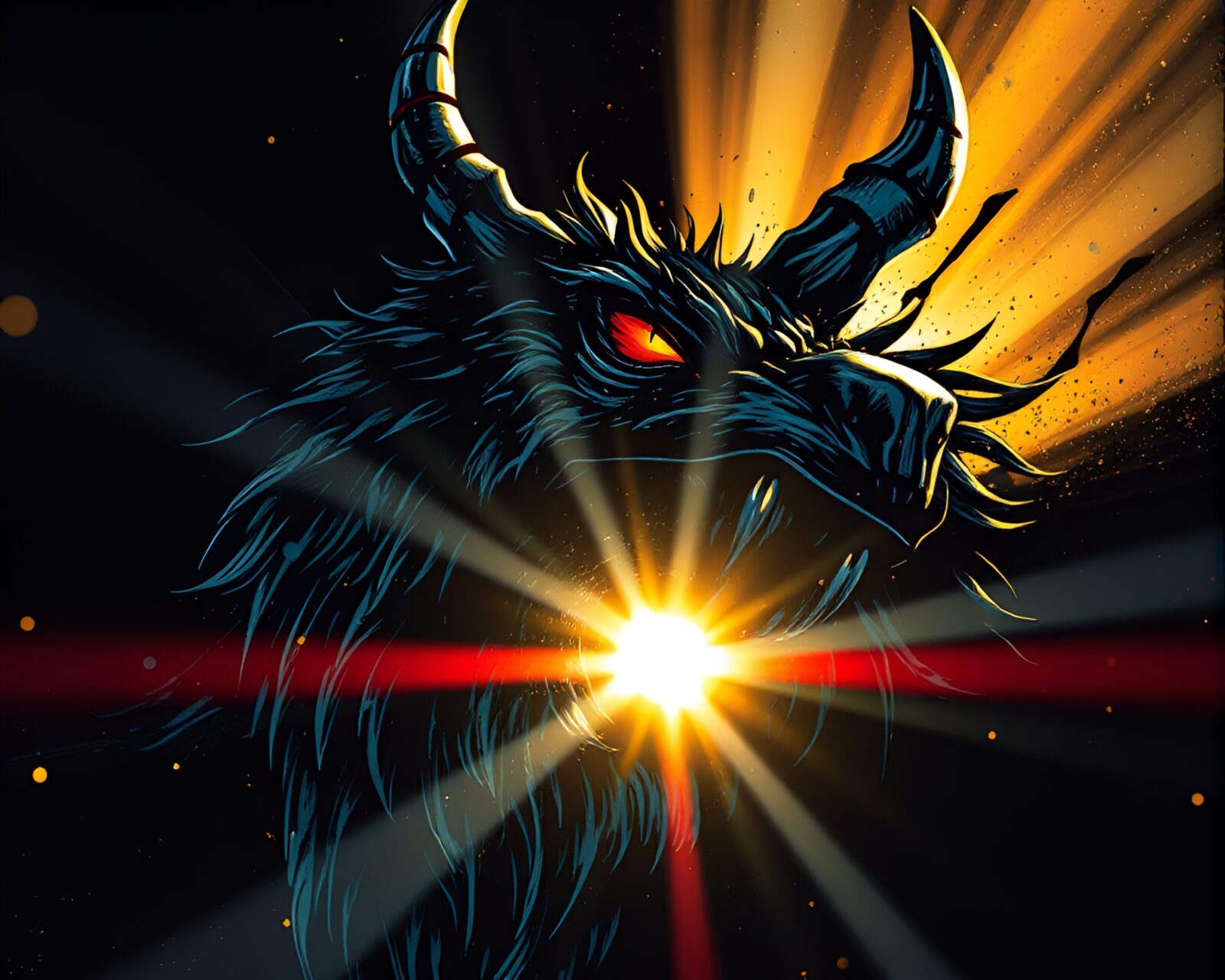 Close-up of fierce Cerberus in ethereal sunbeam splatter style