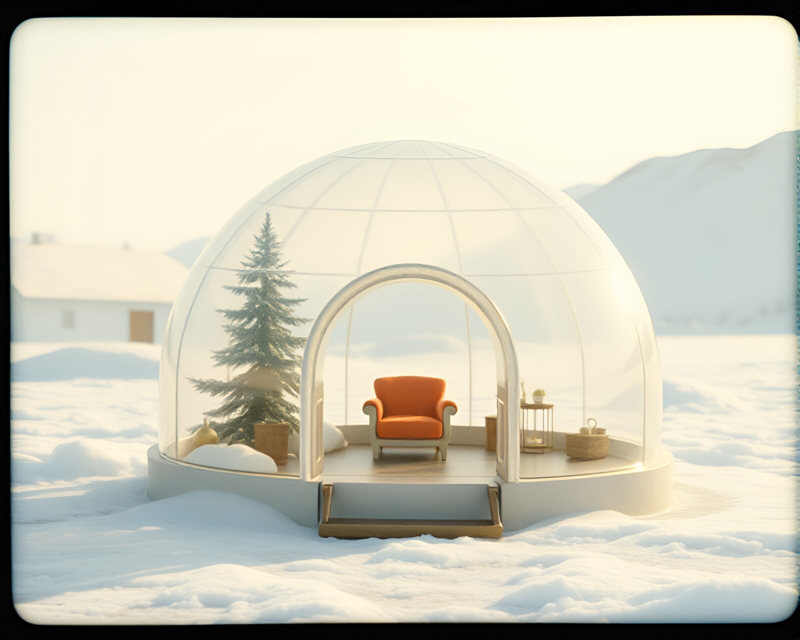 Vintage glass igloo surrounded by vignette border, in polaroid style