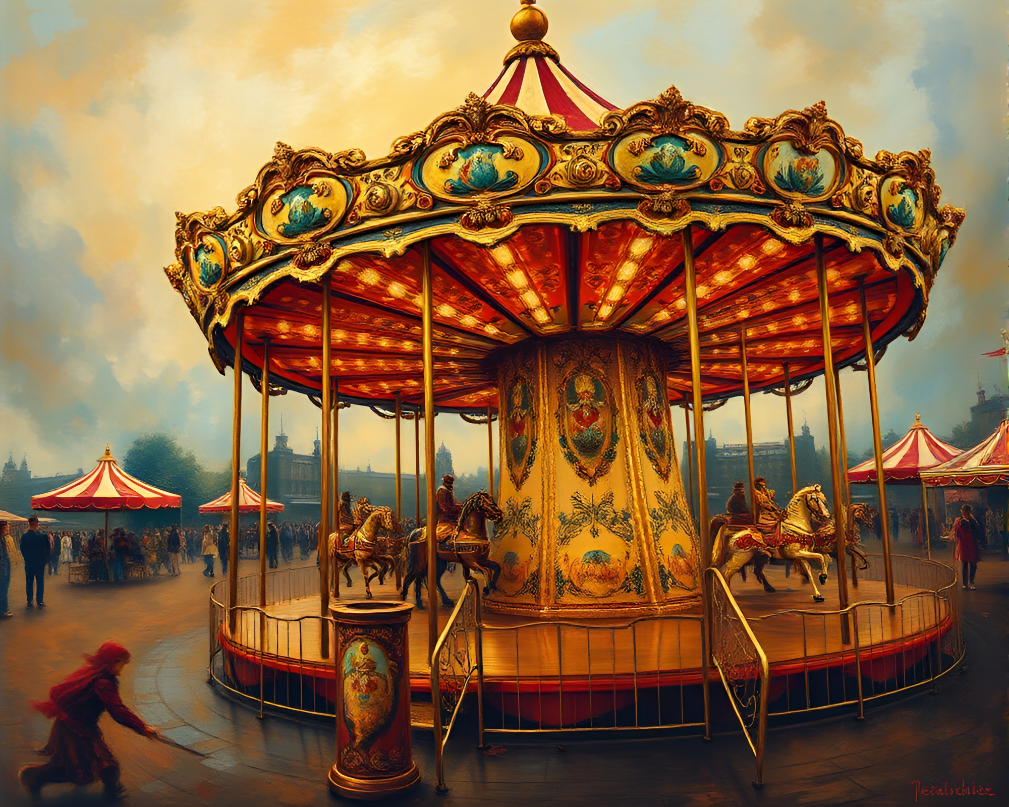 Spiraling Carnival Carousel with Bronze Sheen – free AI stock image