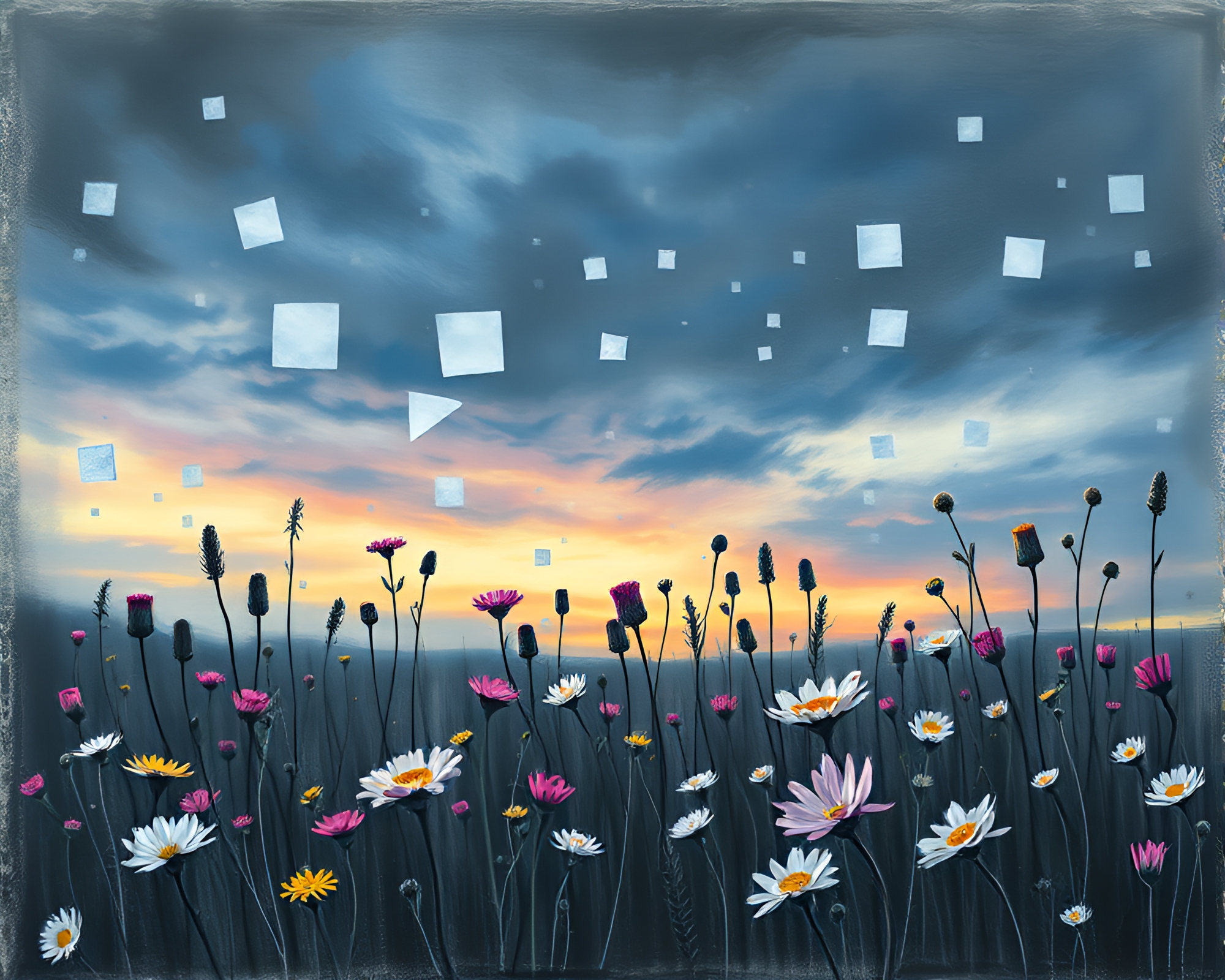 Twilight Meadow of Charcoal Sketch Flowers – free AI stock image