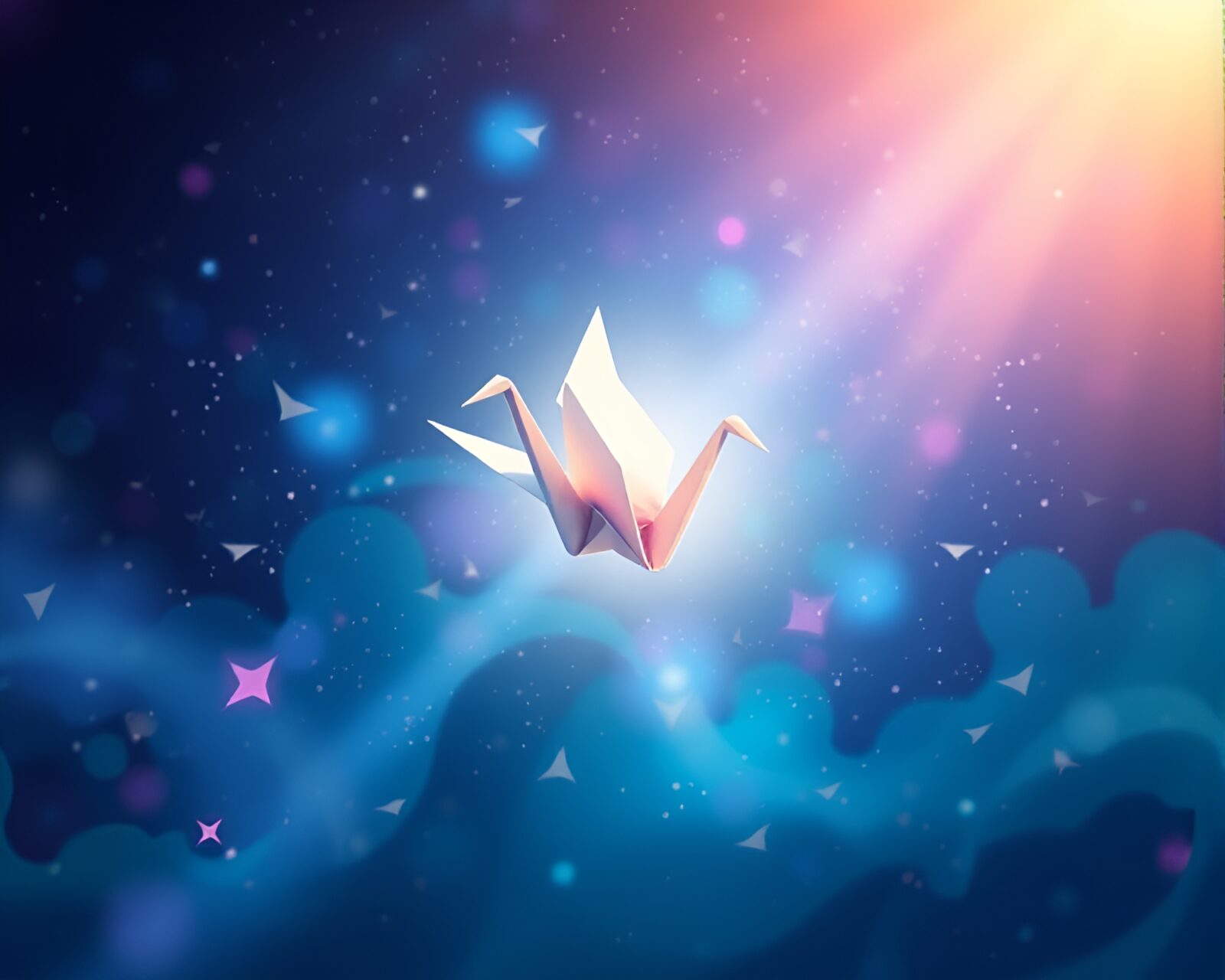 Digital painting of a delicate origami crane in bright midday light