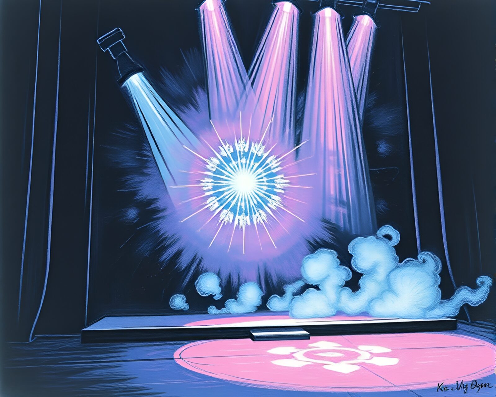 Pastel drawing of intricate embroidered zero-point energy reactor under stage spotlight