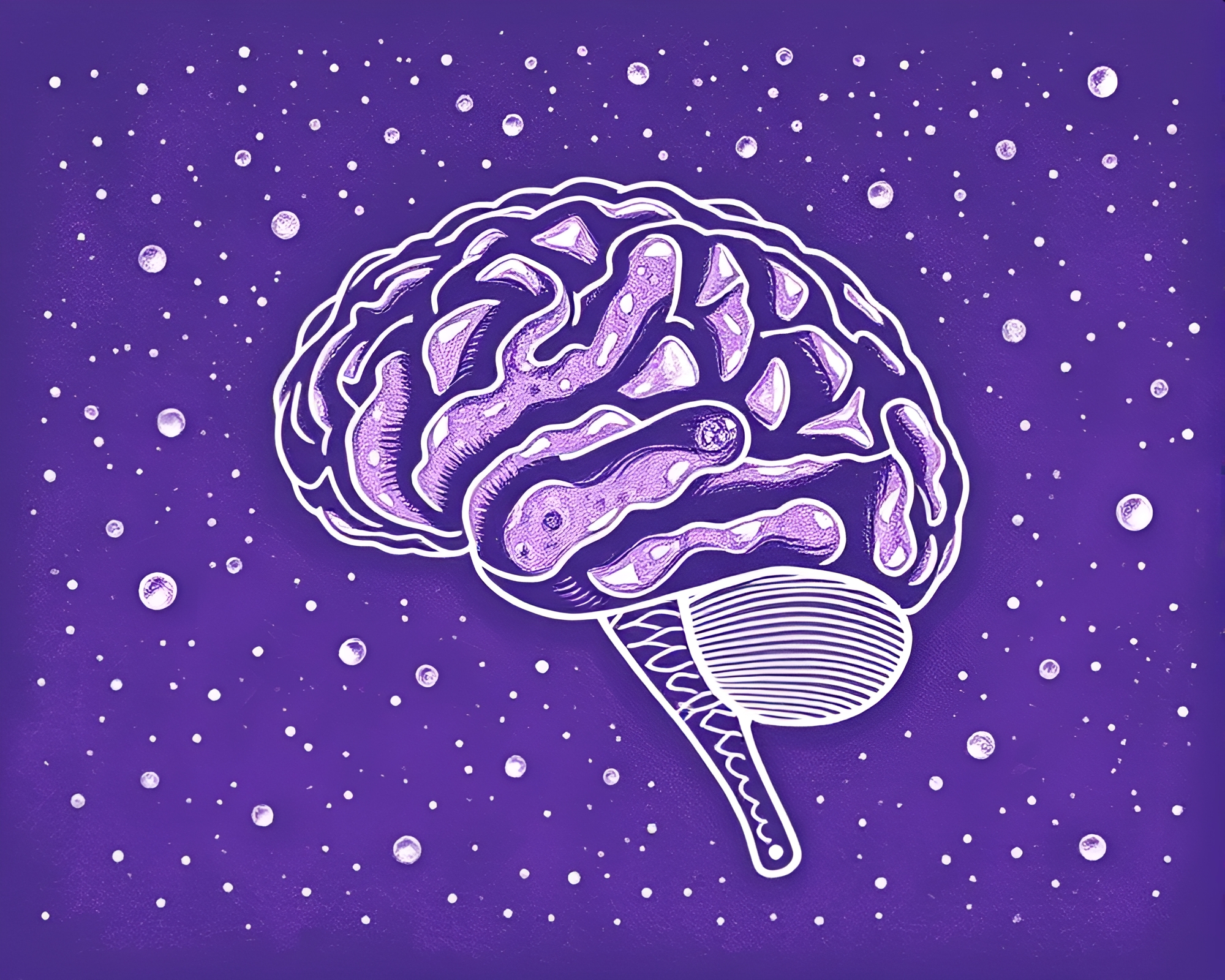 Twilight AI Brain: Wet Glass Beads Linocut Print – free AI stock image