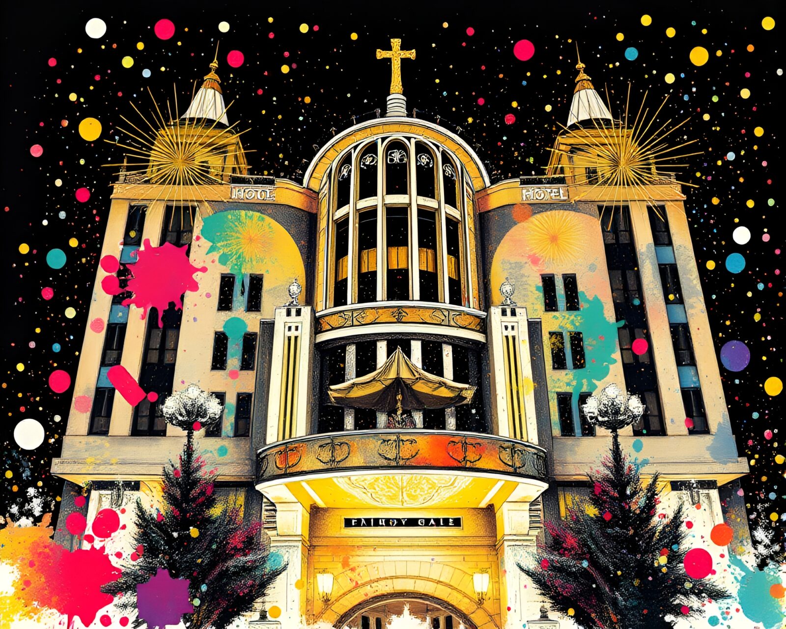 A vibrant trompe-l'oeil painting of ink splashes in an art deco hotel