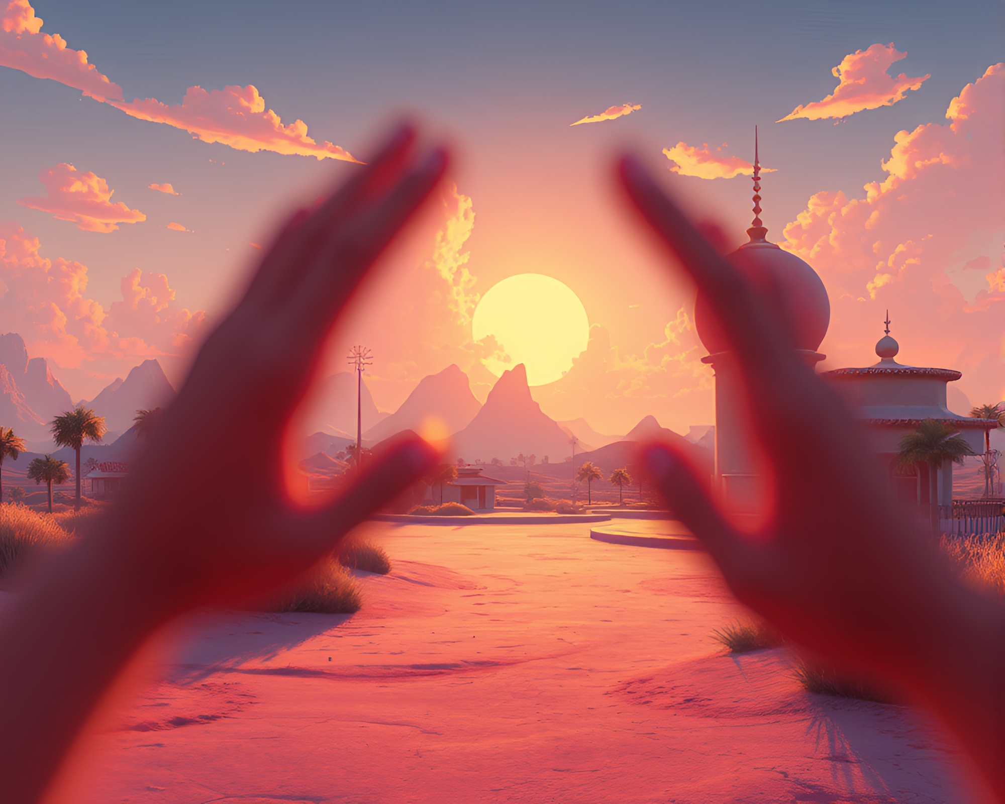 Surreal Dreamscape Sunset with Toon Shading – free AI stock image